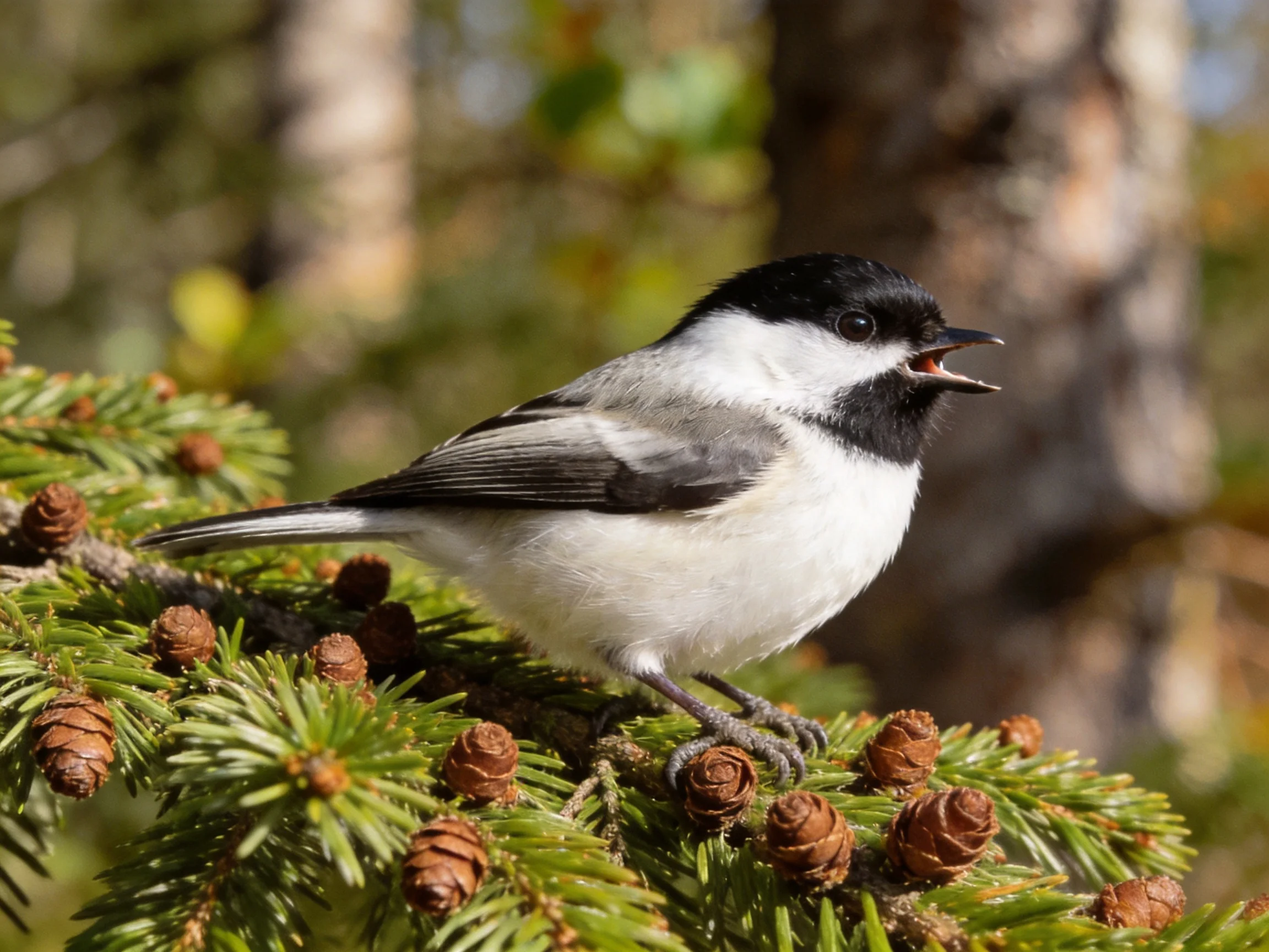 Black-capped bird perched on pine branch with brown cones