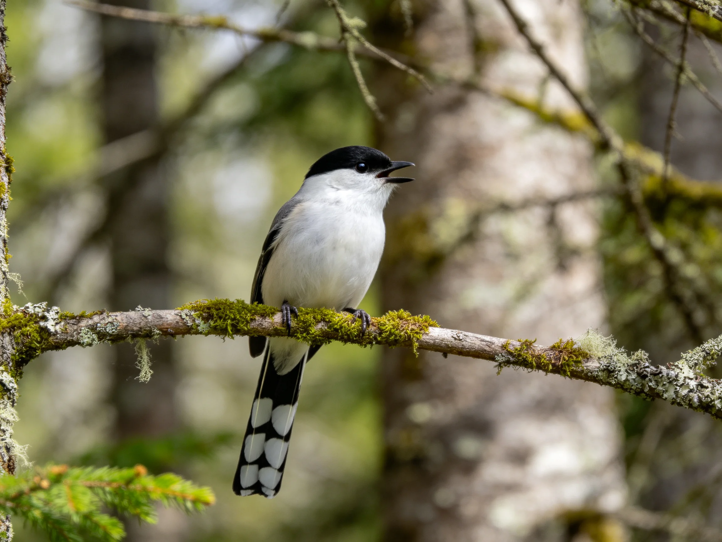 Black-capped bird perches on mossy branch in forest