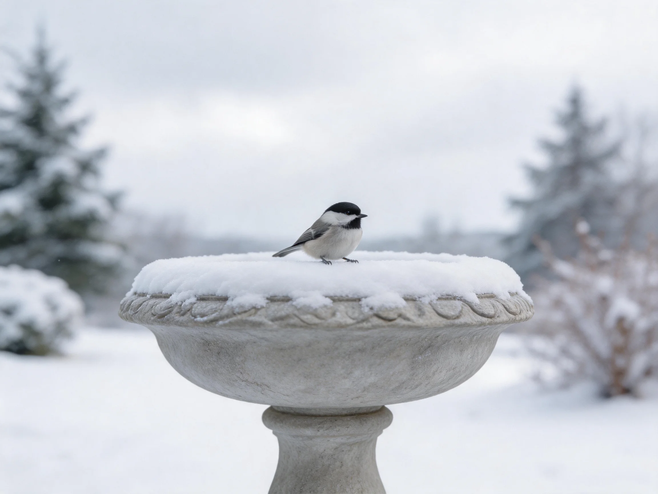 Black-capped bird perches on snow-covered stone birdbath