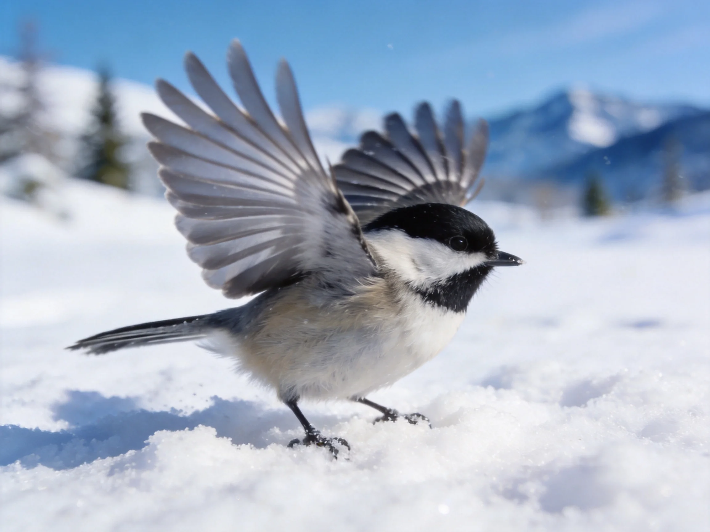 Black-capped bird spreading wings on snowy landscape with distant mountains