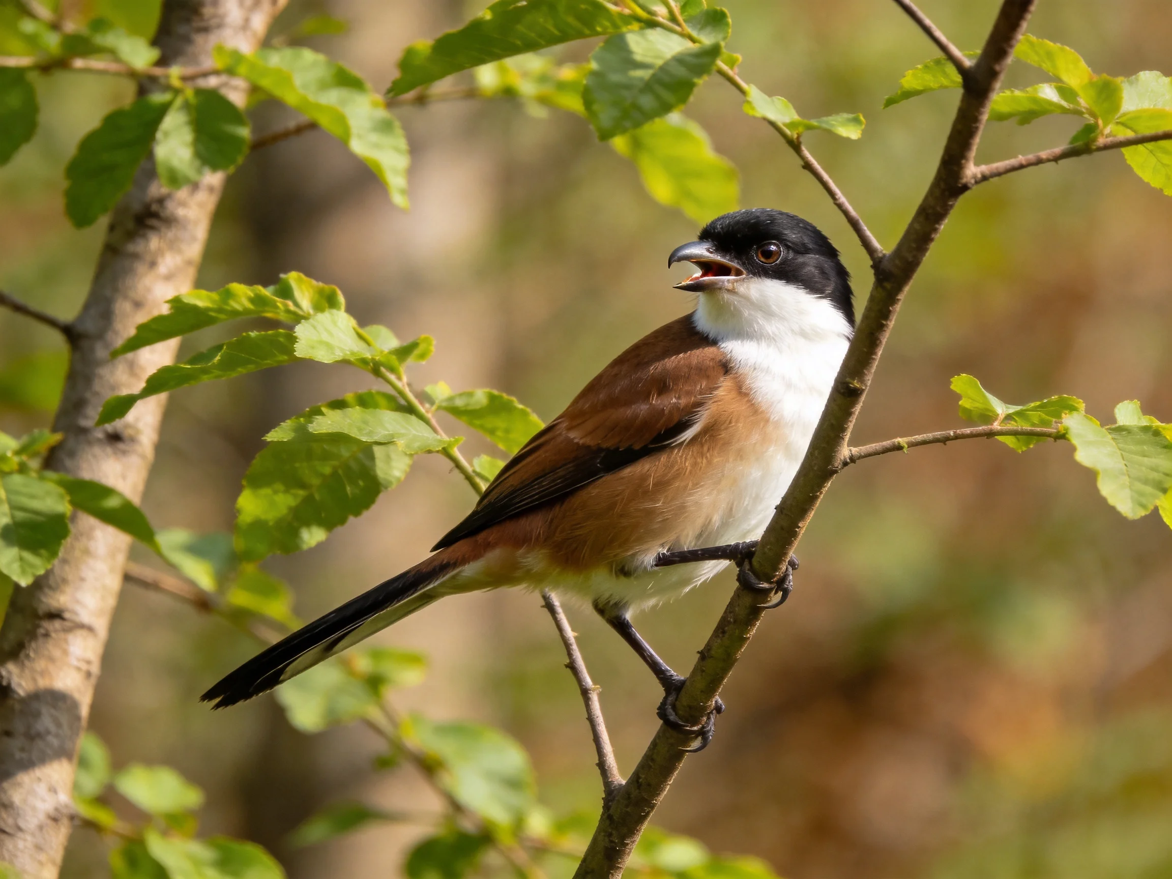 Black-capped bird with brown wings perched on slender branch