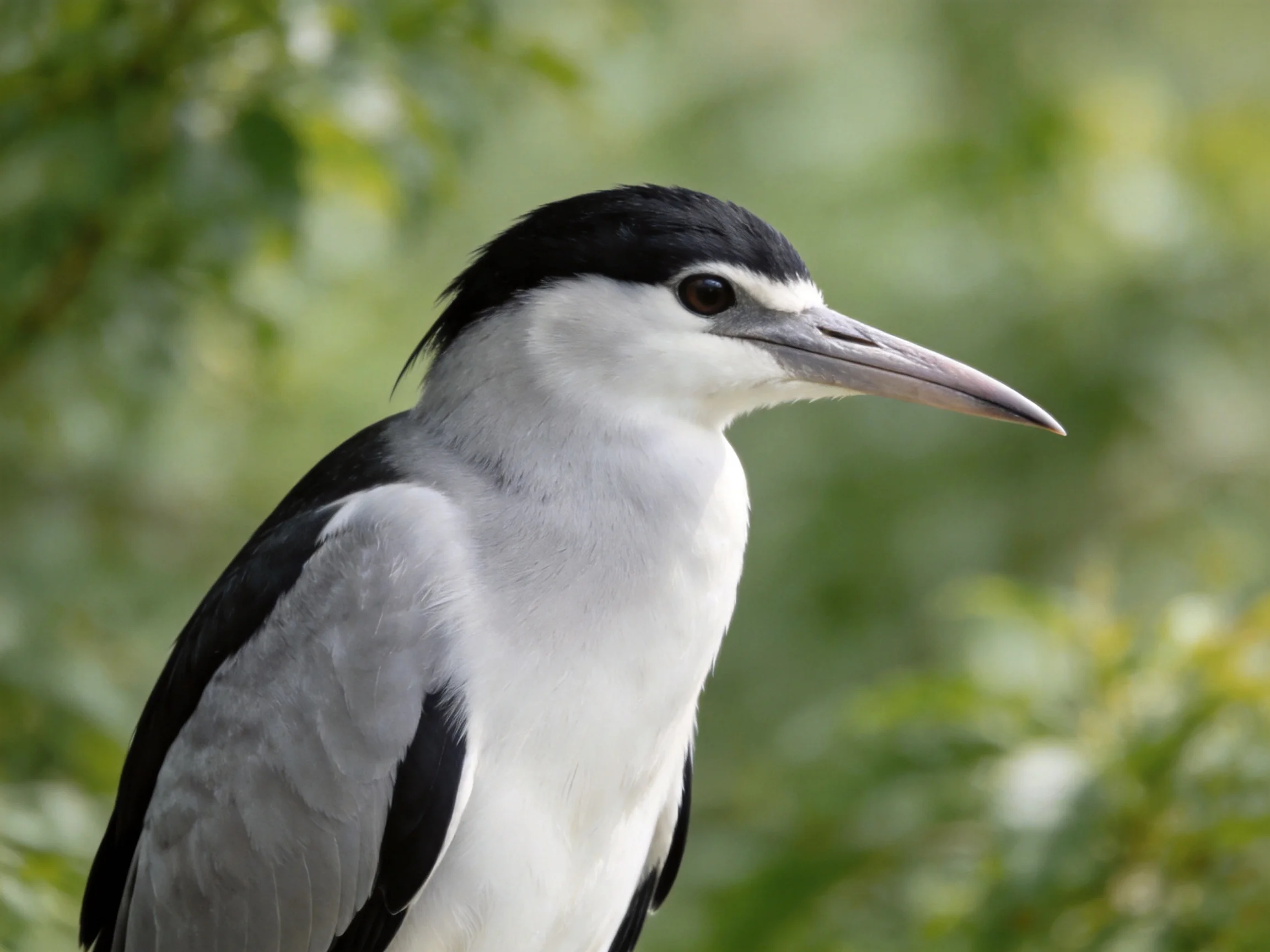 Black-capped bird with gray plumage near green foliage