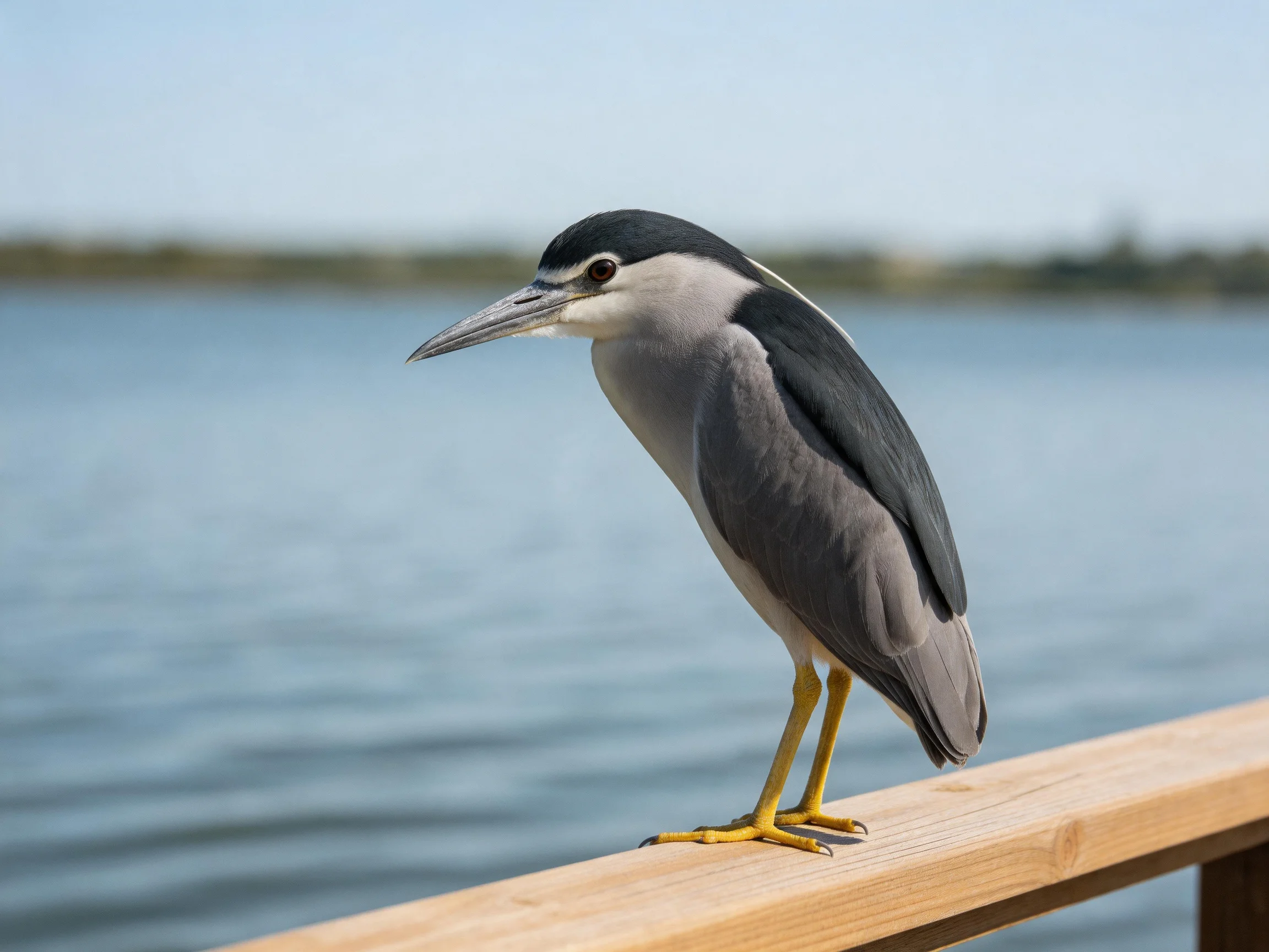 Black-capped bird with gray wings perched on wooden railing by water