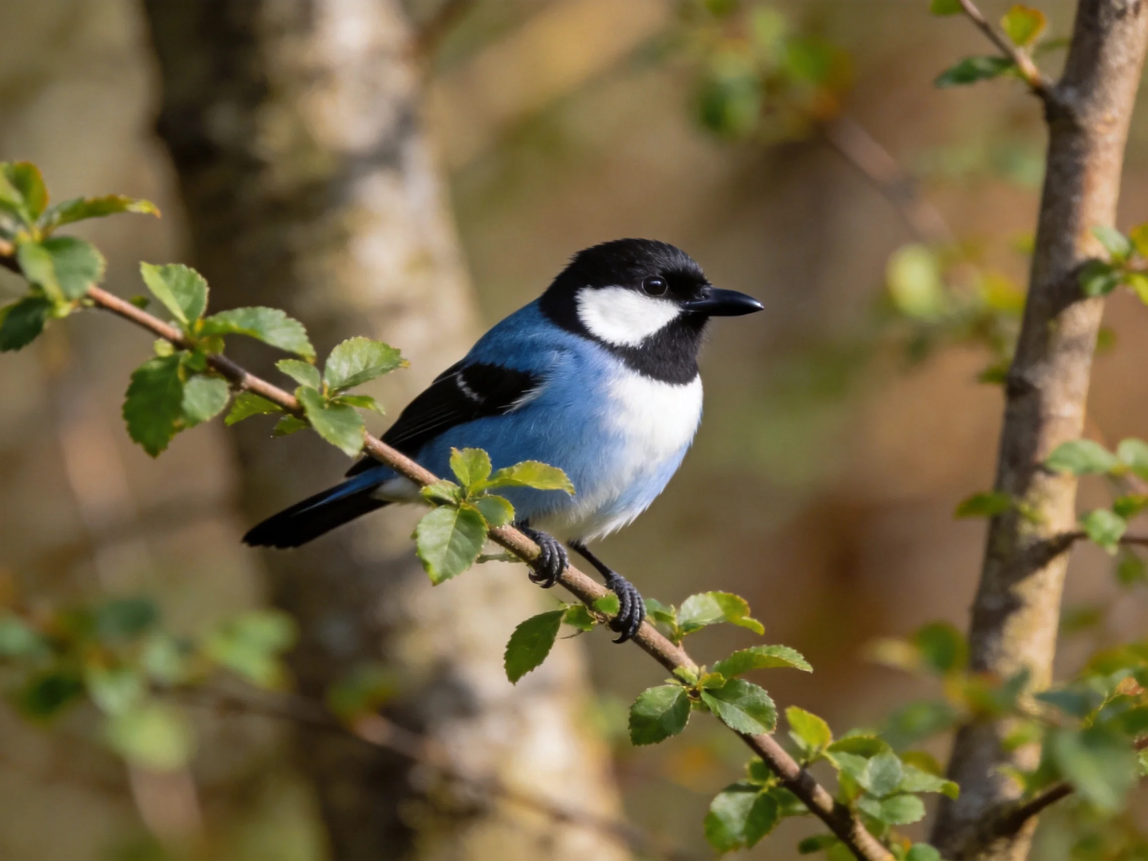Black-capped blue and white bird on leafy branch