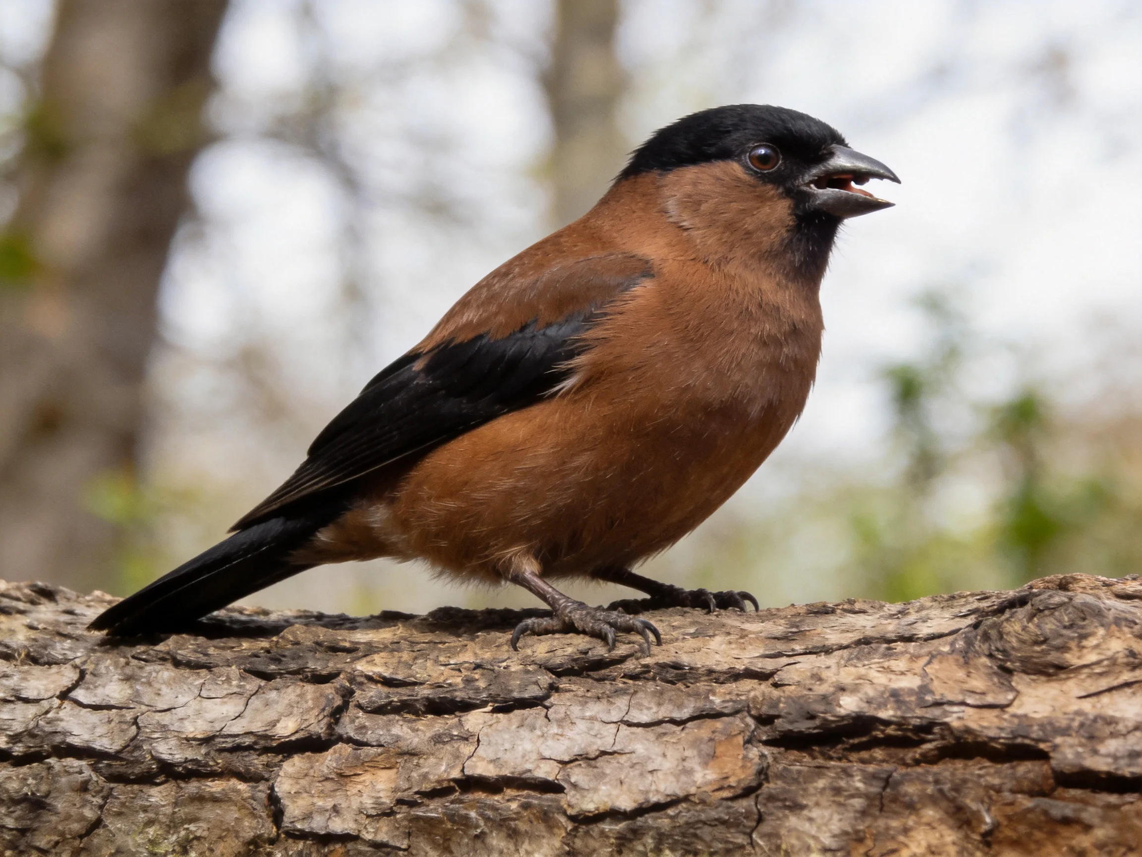 Black-capped brown bird perched on a textured tree trunk