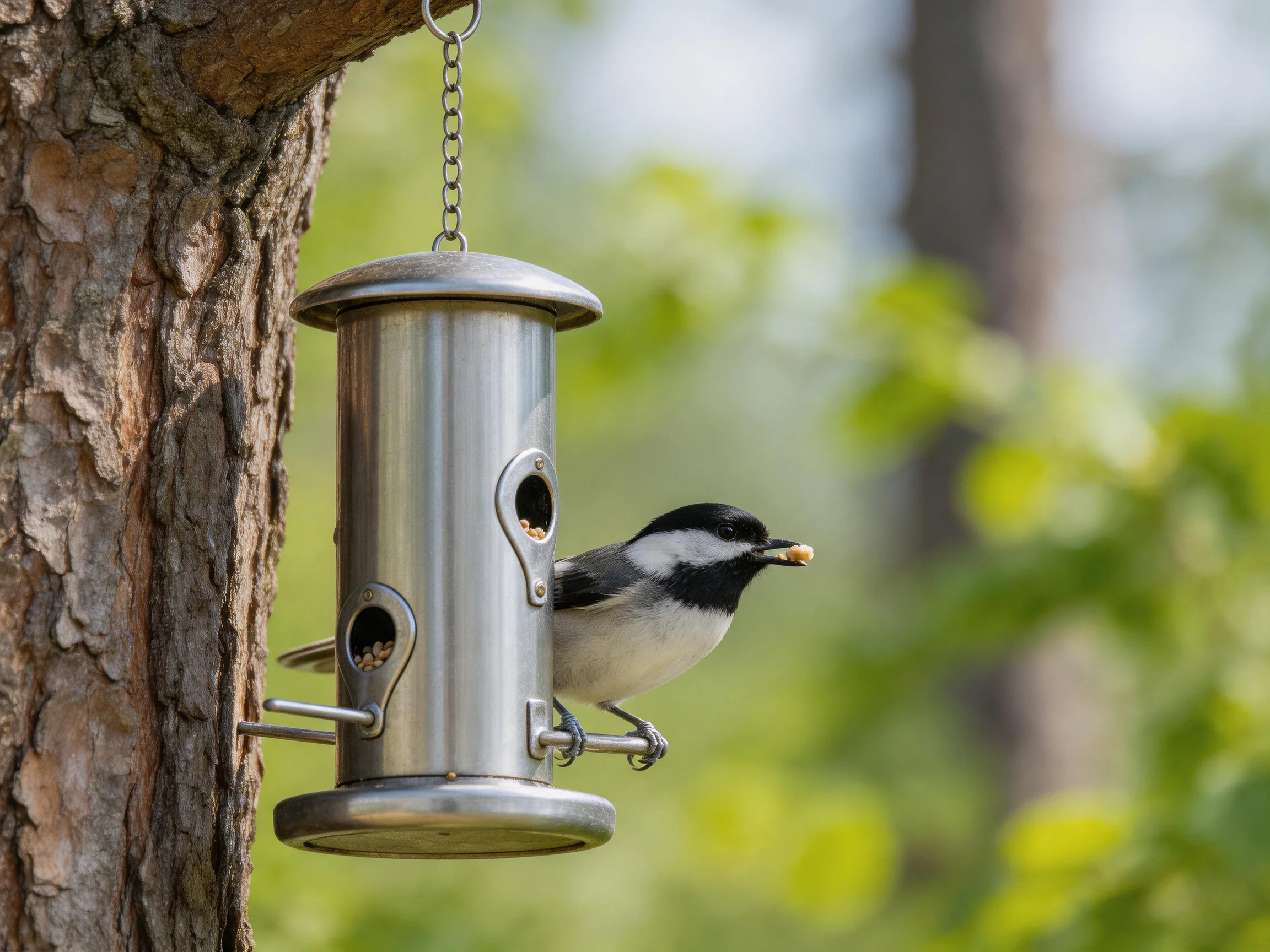 Black-capped chickadee feeding from a metallic bird feeder