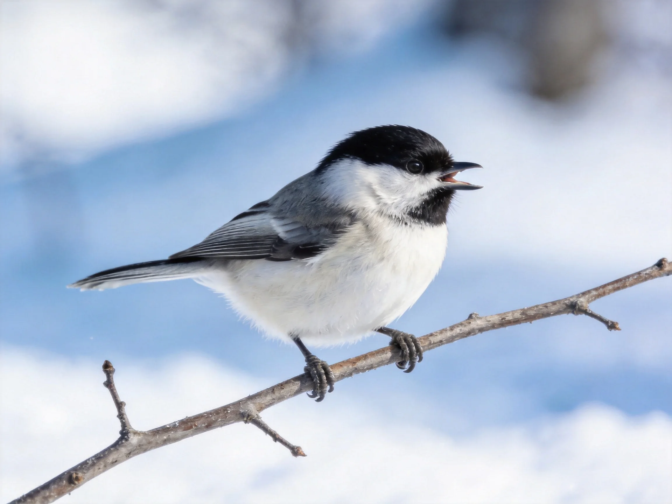 Black-capped chickadee perched on a bare winter branch