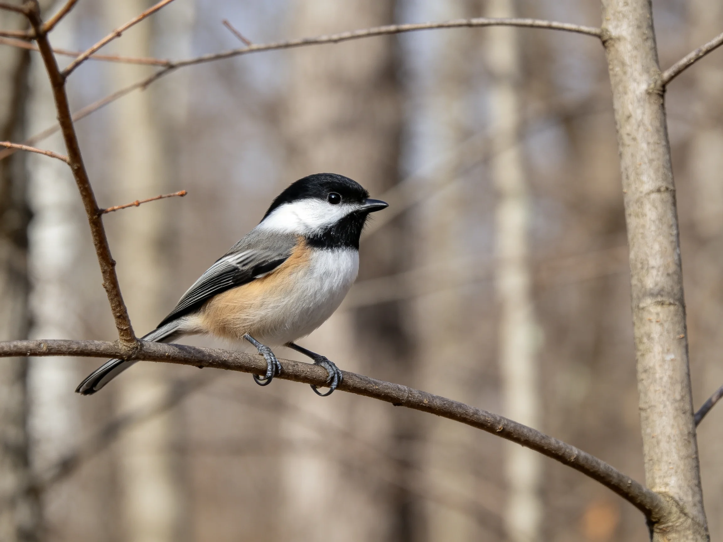 Black-capped chickadee perched on a slender tree branch