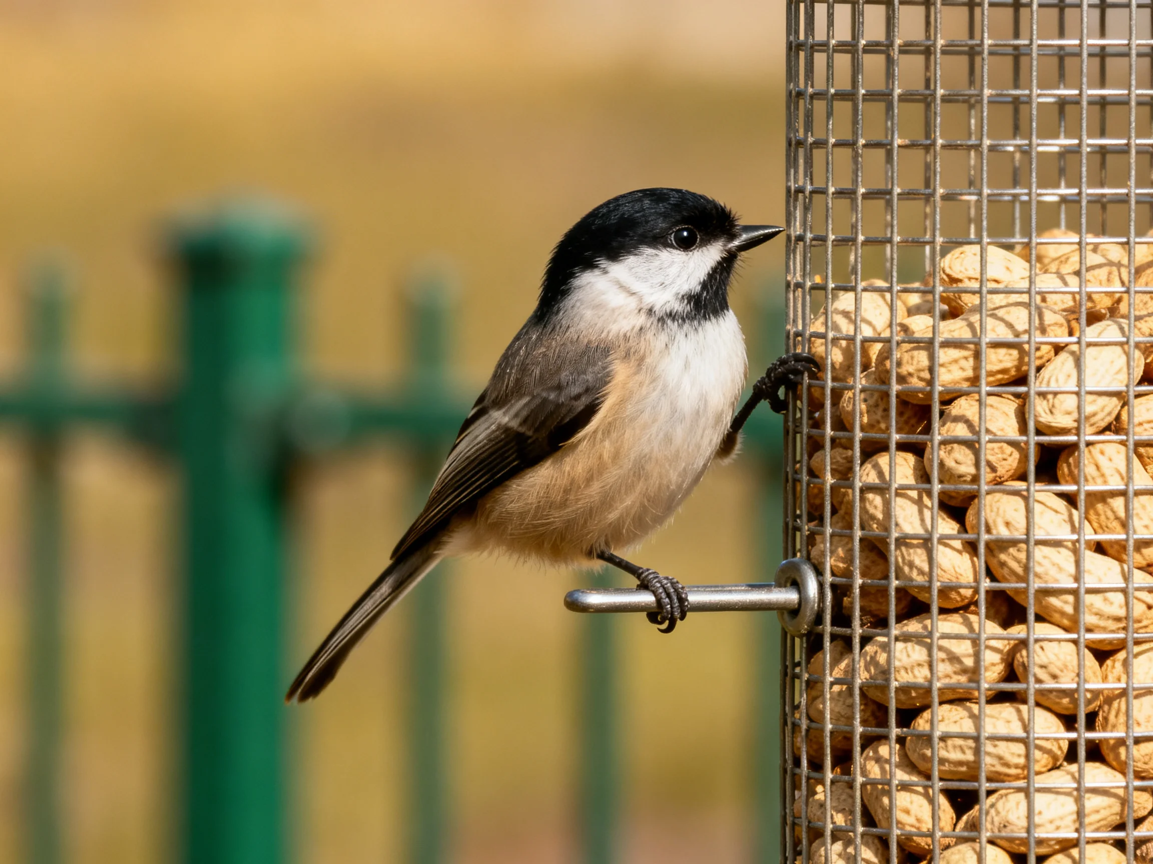 Black-capped chickadee perched on peanut-filled wire feeder