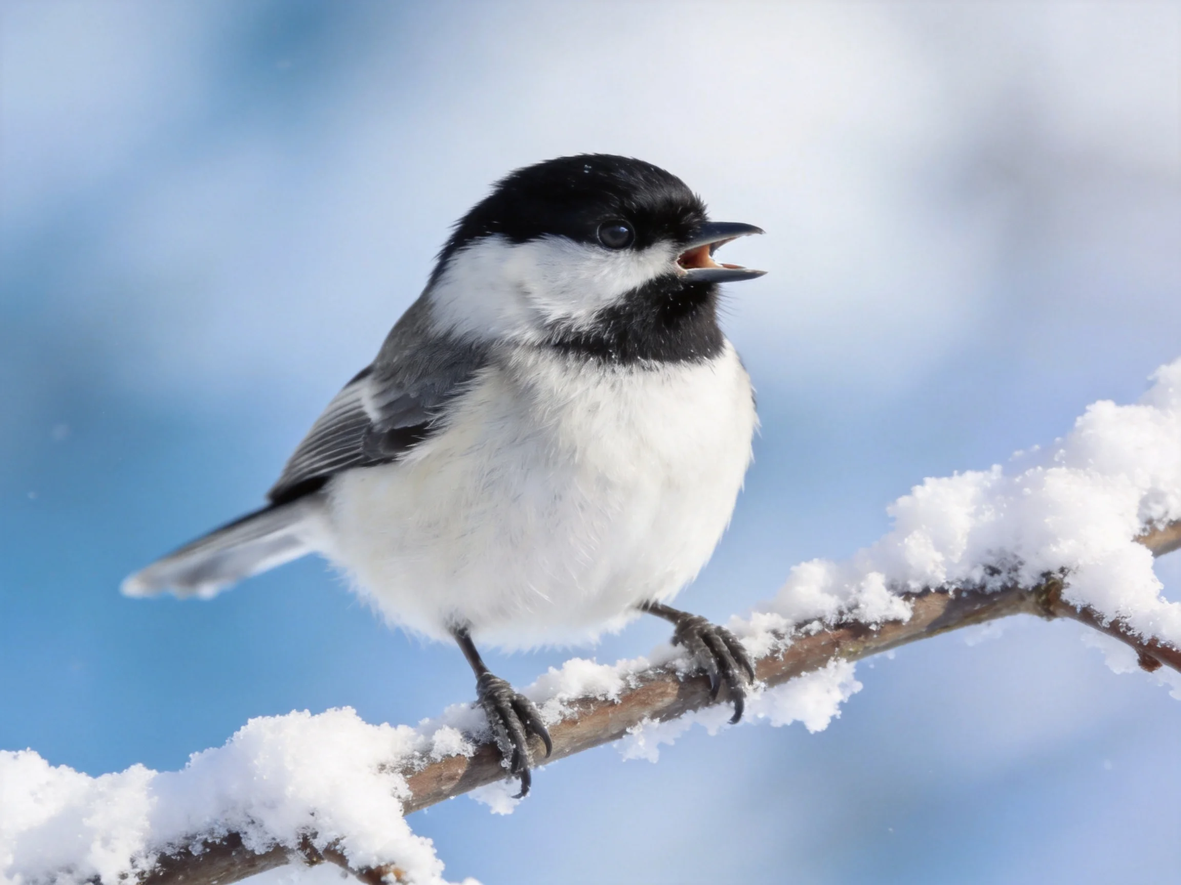 A black-capped chickadee rests on a snow-dusted branch with its beak open.