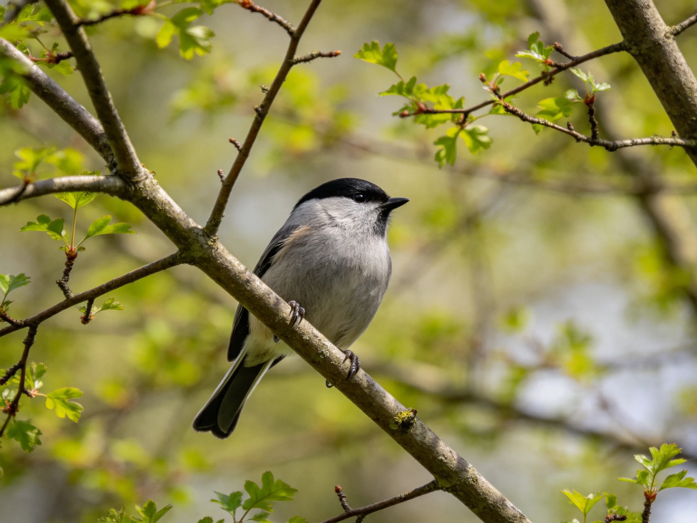 Black-capped gray bird perched on a tree branch among green foliage