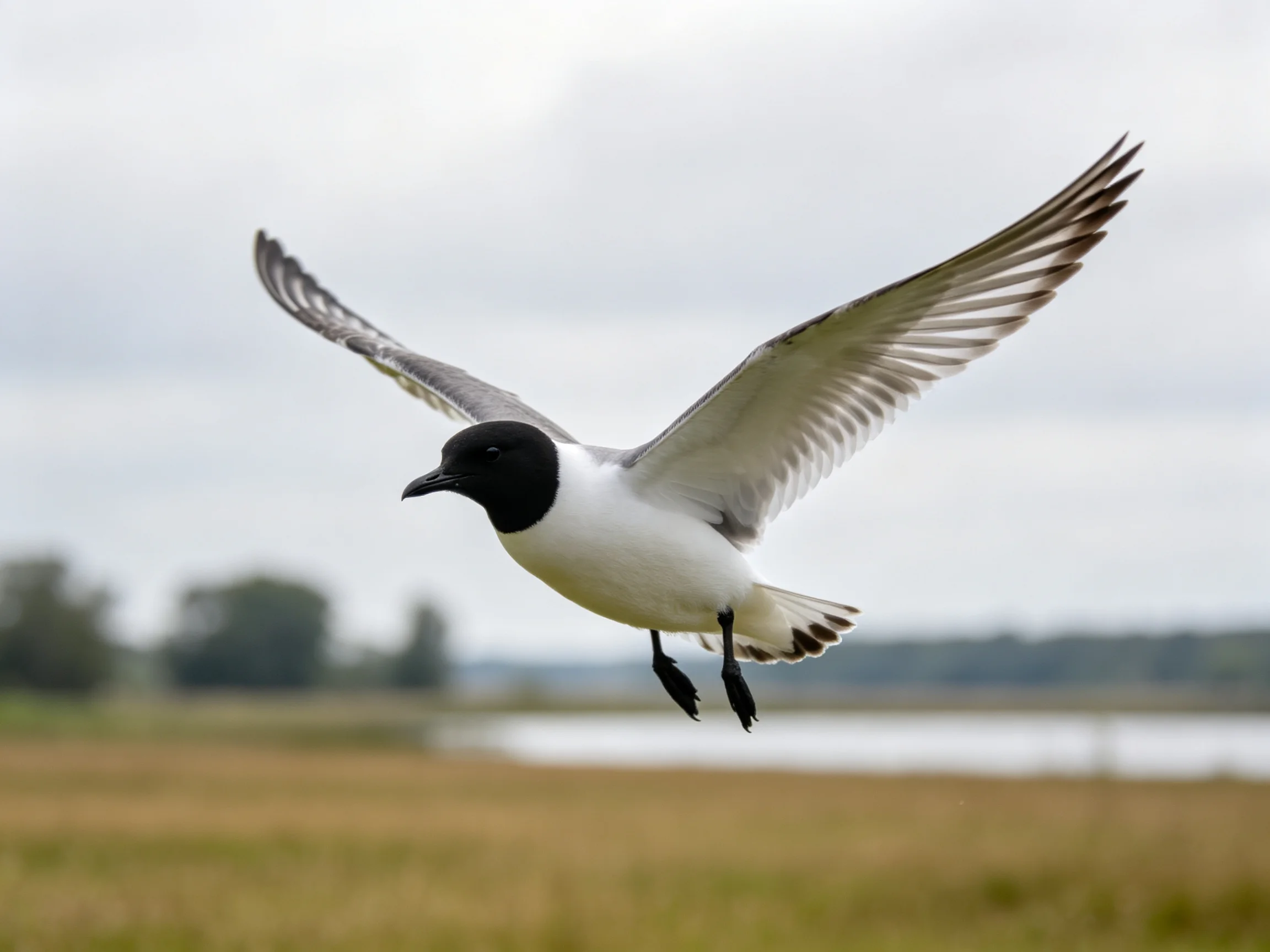 Black-capped seabird in flight over grassy wetland