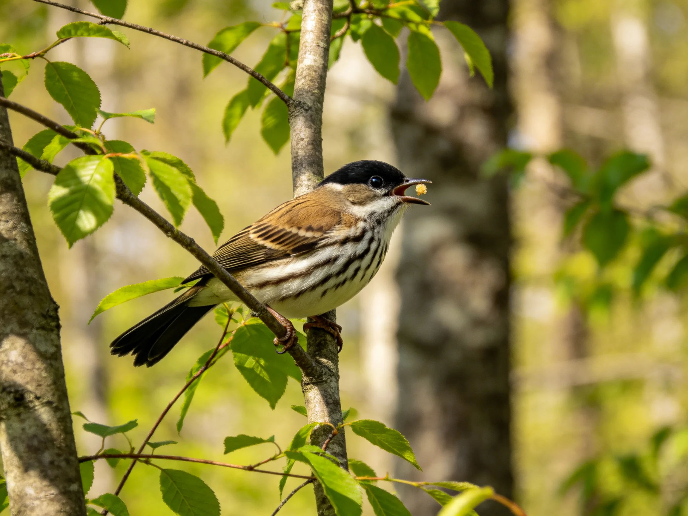 A small songbird with distinctive markings rests on a tree branch amid green foliage.