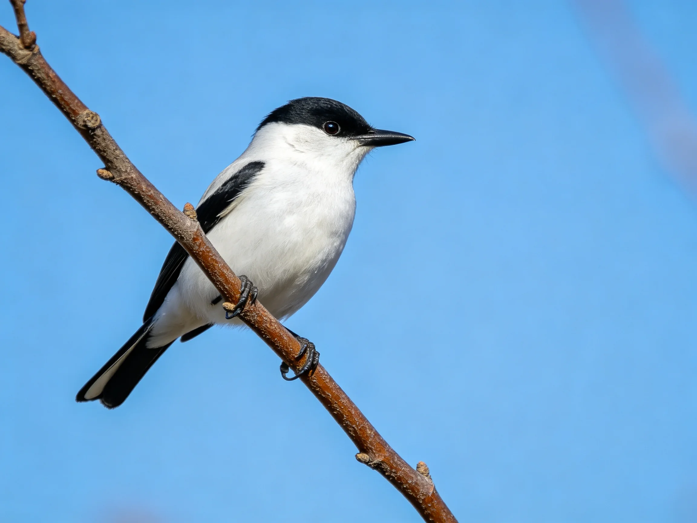 Black-capped white bird perched on a brown tree branch