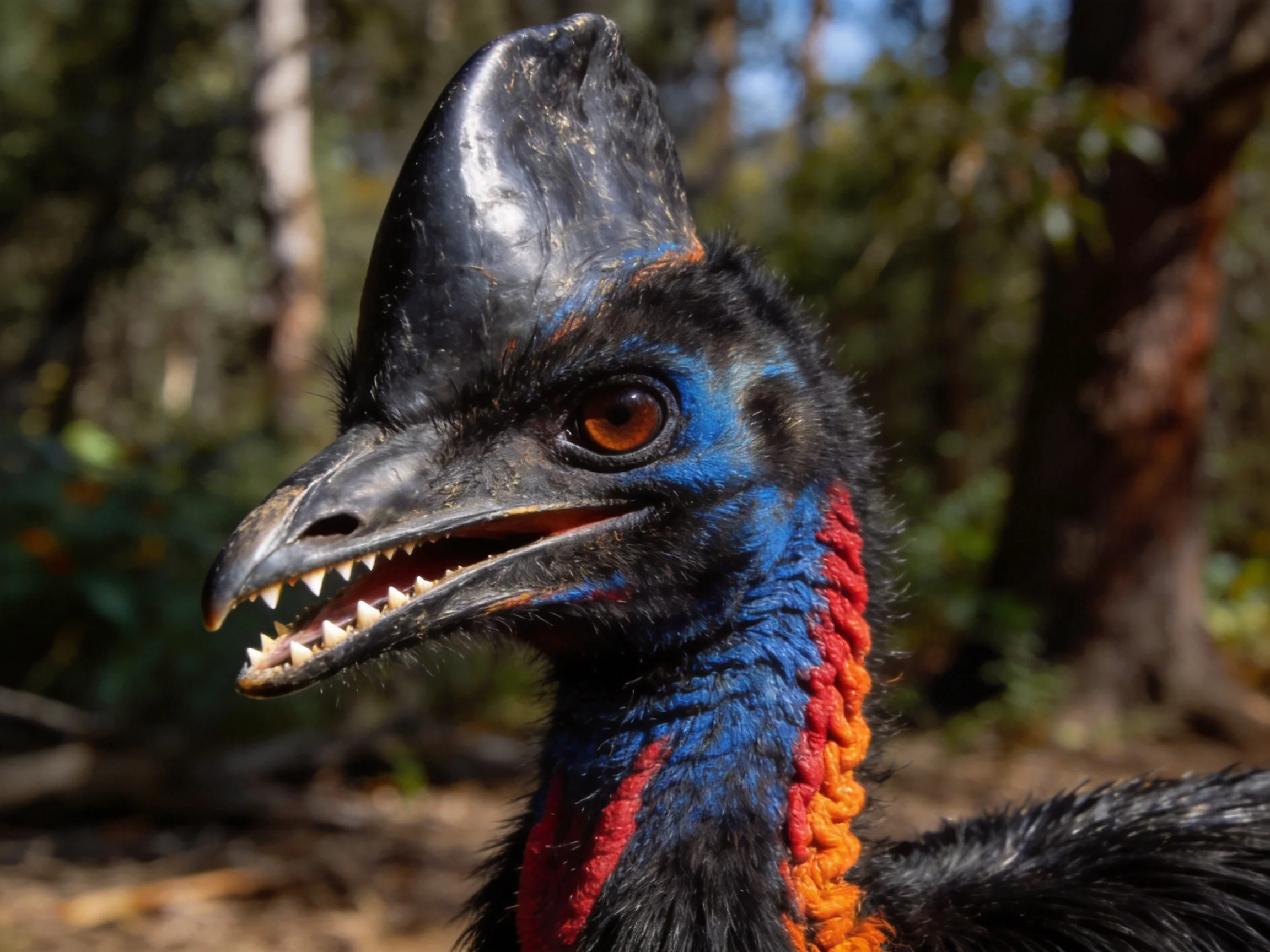 Black-casqued cassowary with colorful neck plumage