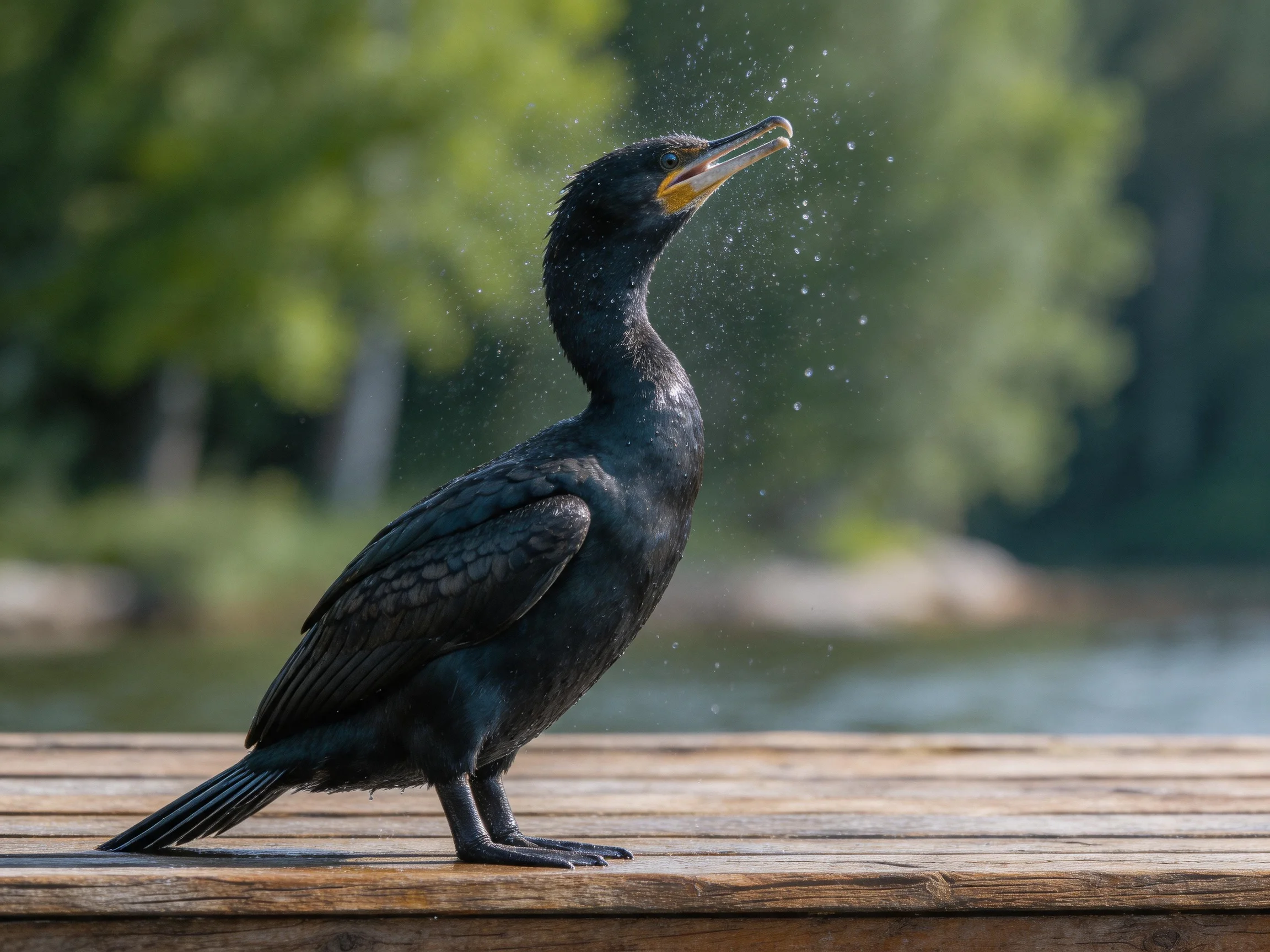 Black cormorant drying on a wooden dock by calm water