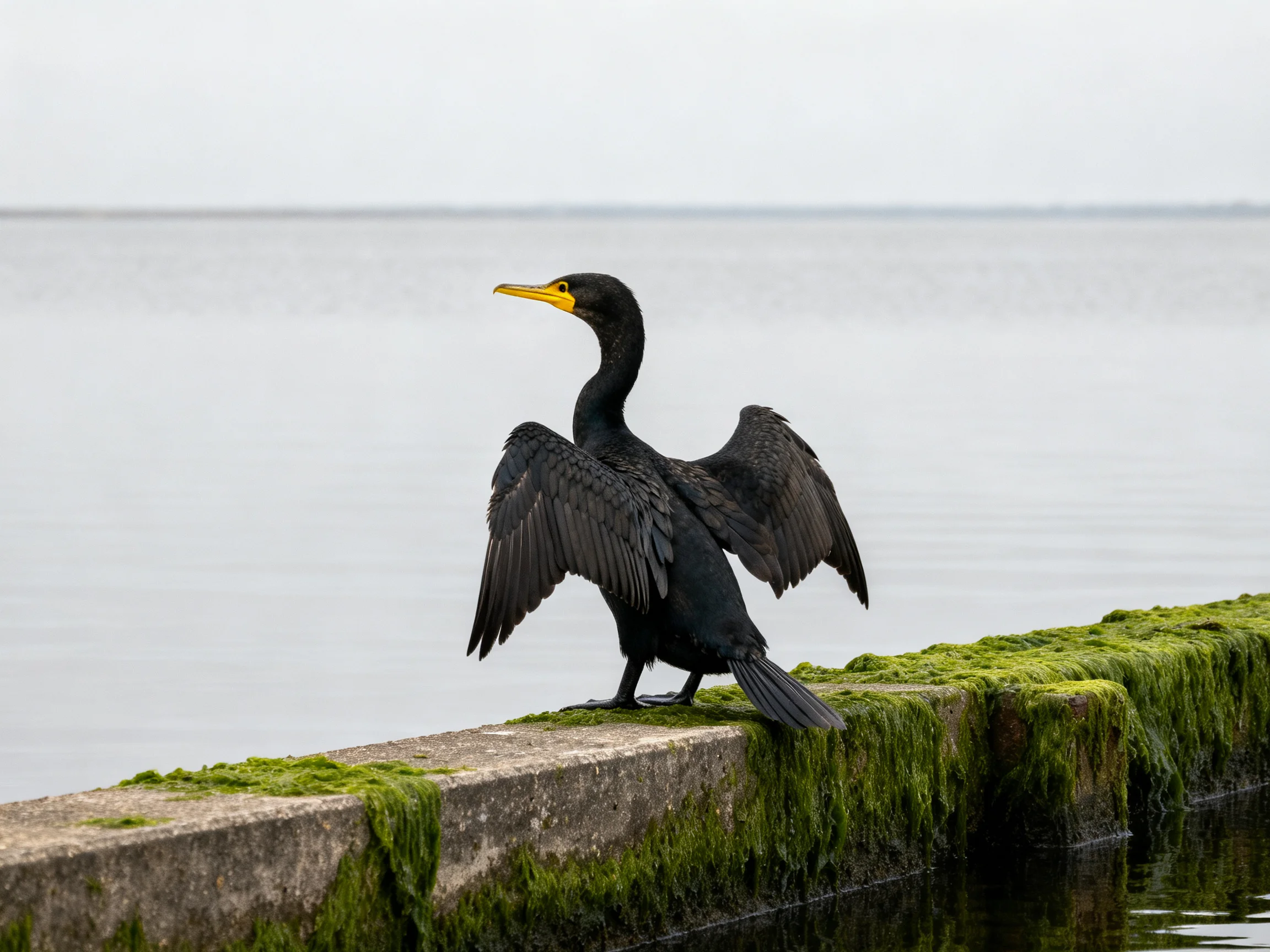 Black cormorant drying wings on mossy concrete ledge by calm water