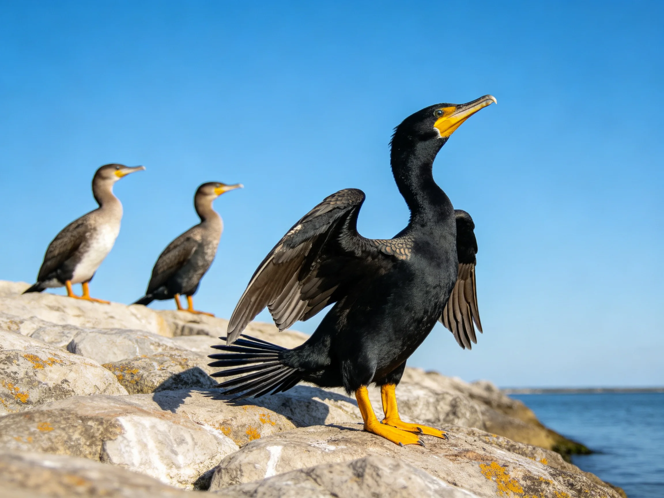 Black cormorant spreads wings on rocky shore with two gray companions