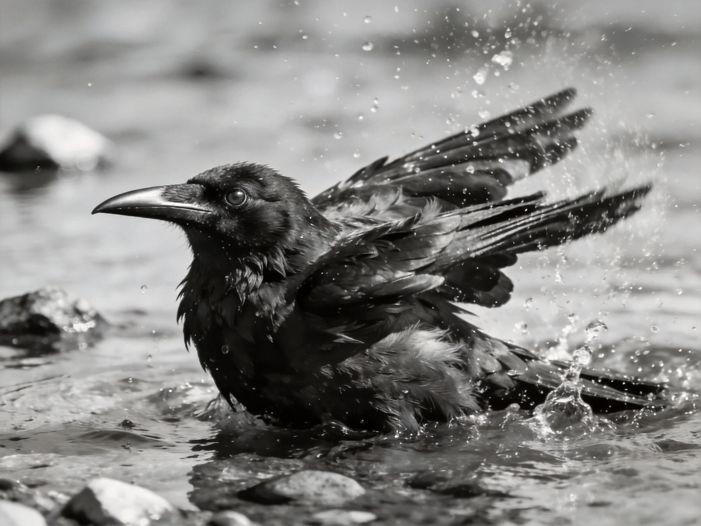 Black crow bathing in shallow water with dynamic splashes