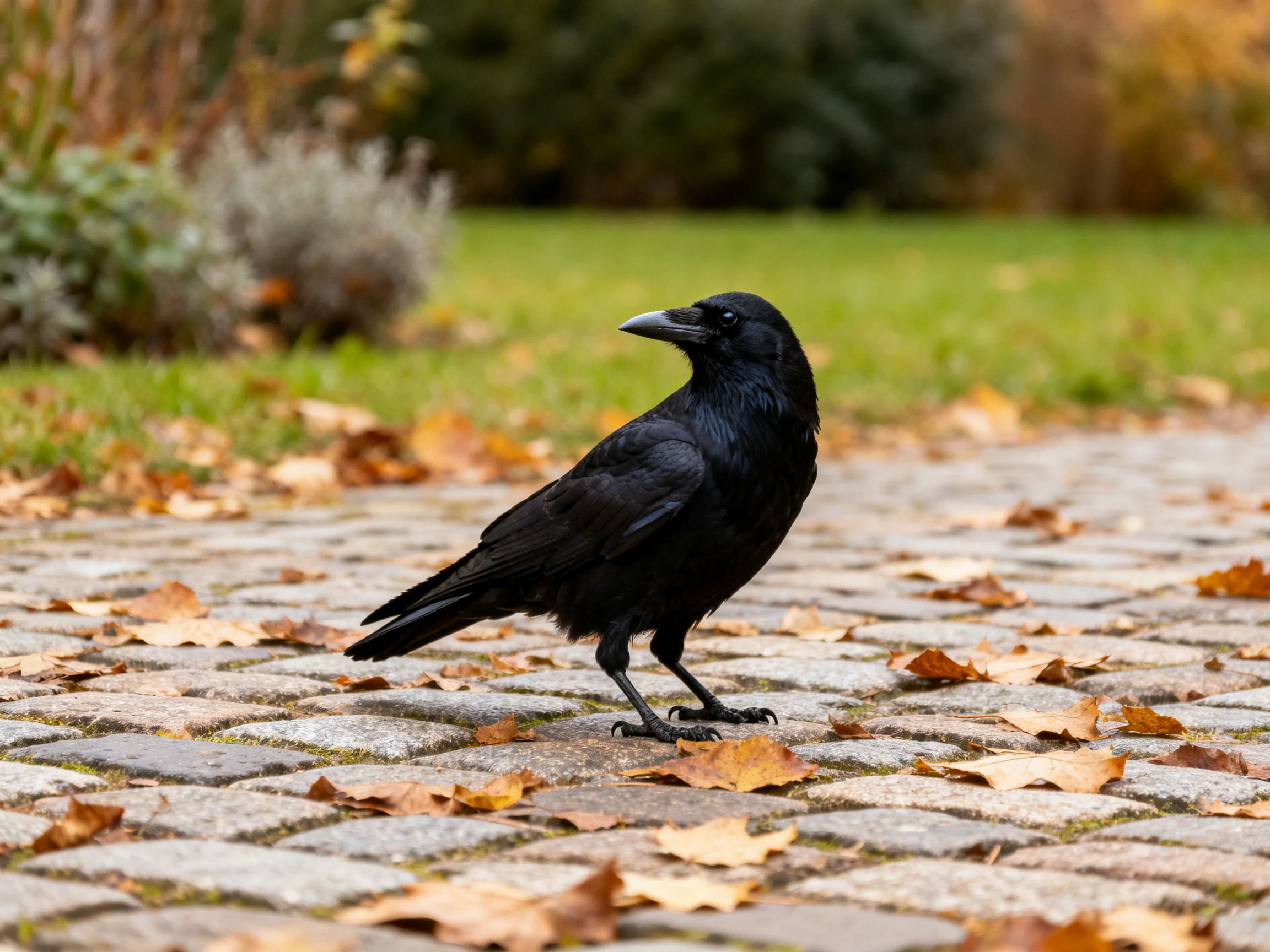 Black crow on cobblestone path with autumn leaves