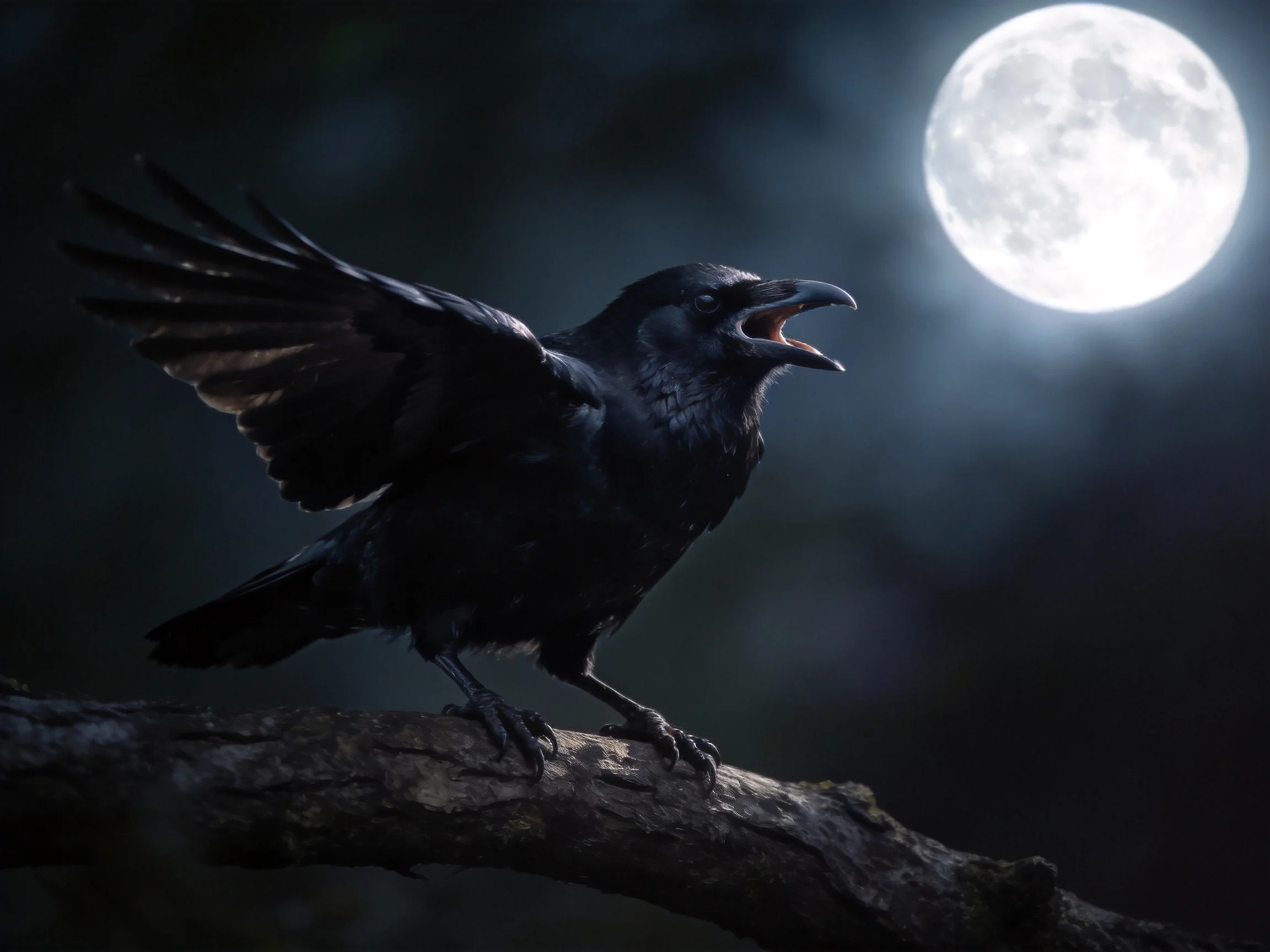 Black crow on gnarled branch under bright full moon