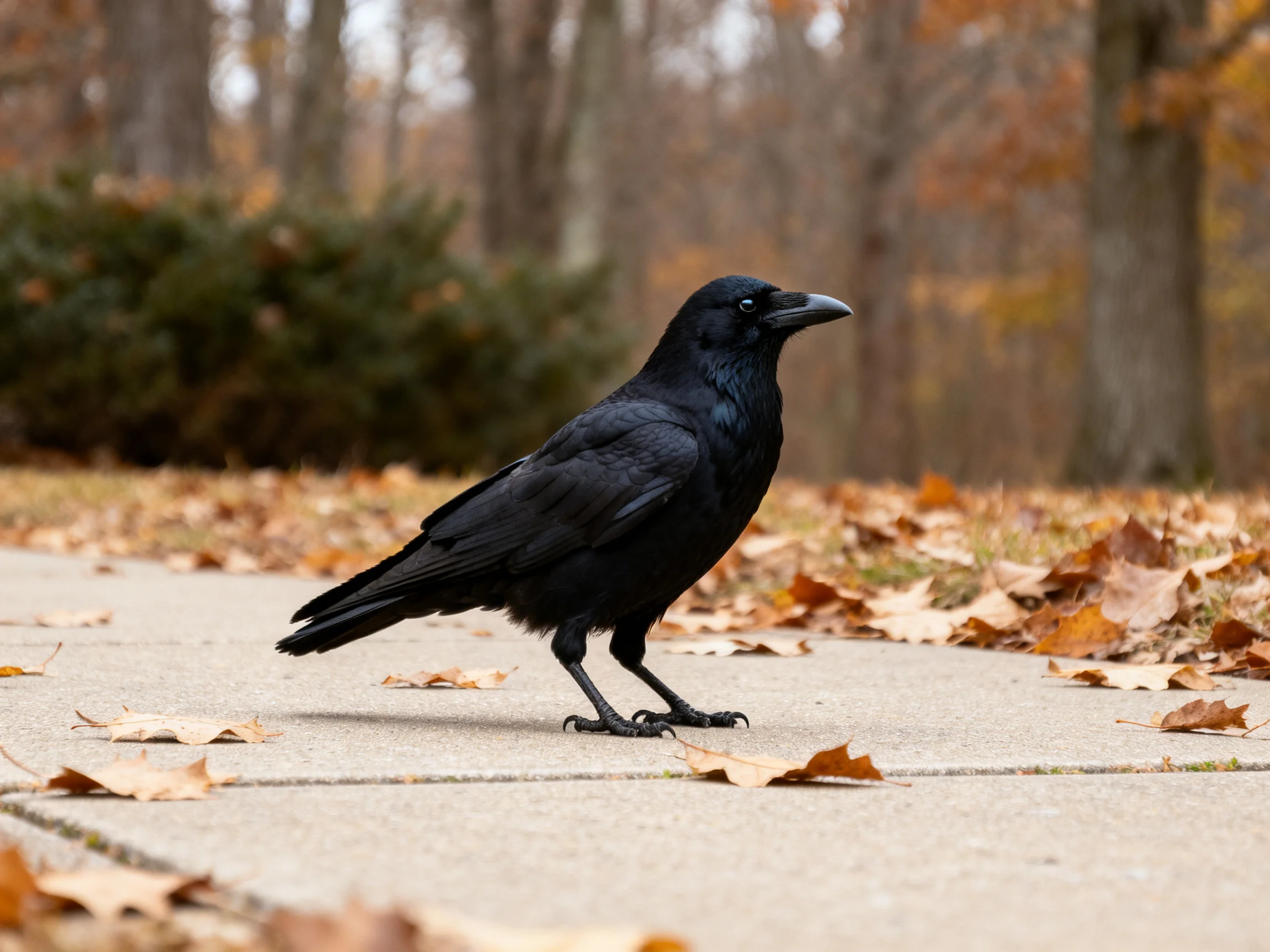 Black crow on leaf-covered concrete path in autumn forest