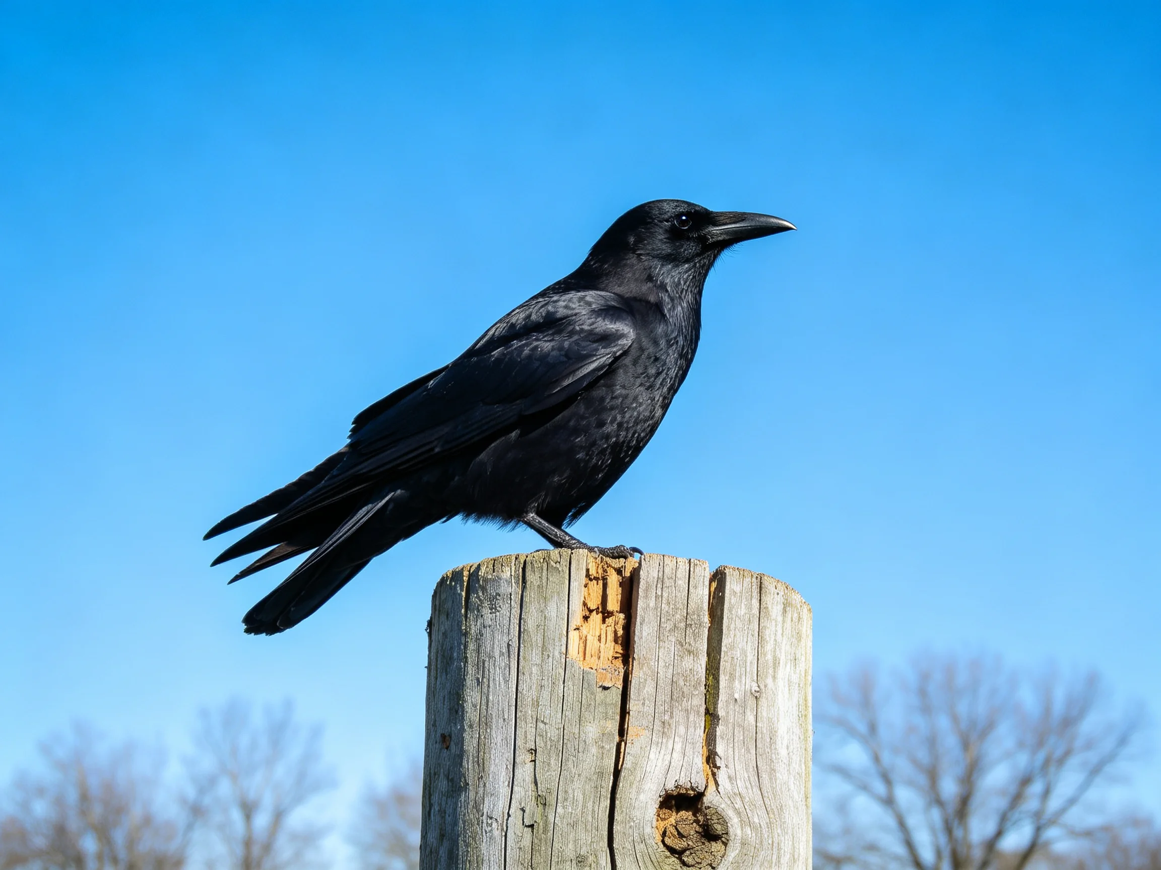 Black crow perched on aged wooden post under clear blue sky