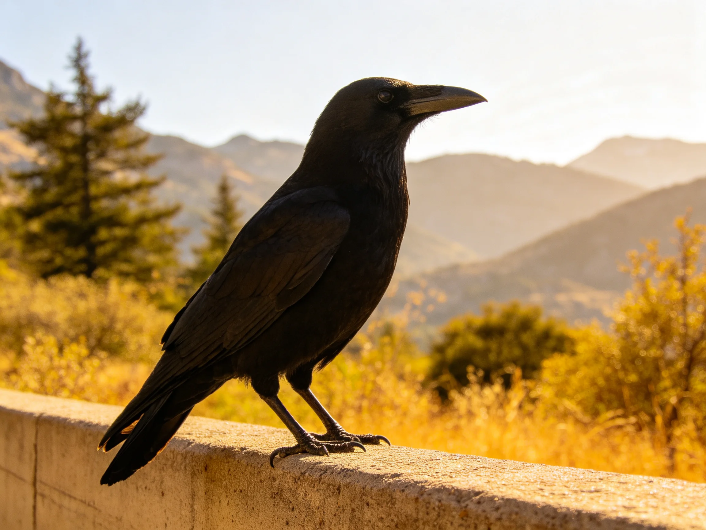 Black crow perched on concrete barrier with mountainous and golden landscape backdrop