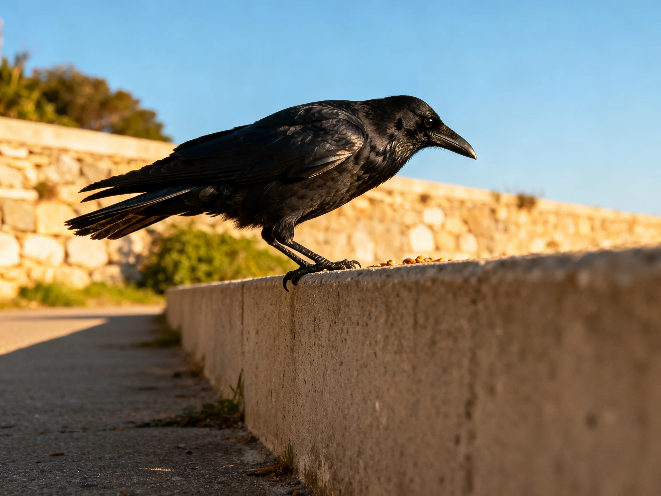 Black crow perched on concrete ledge near stone wall under sunny sky