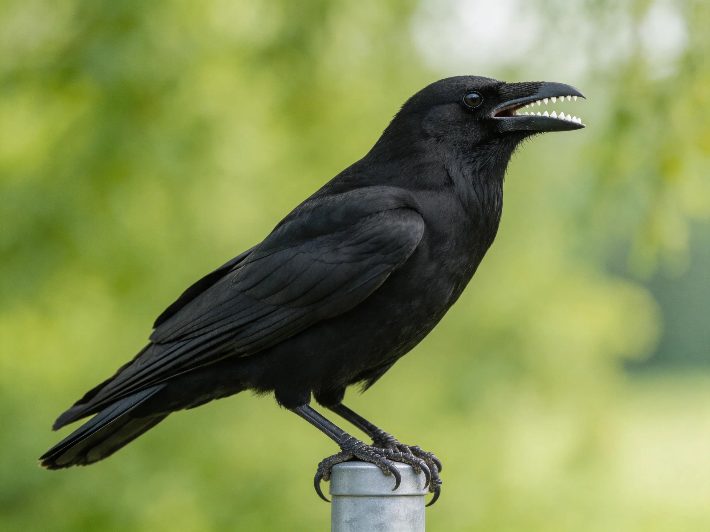 Black crow perched on metallic post with blurred green background
