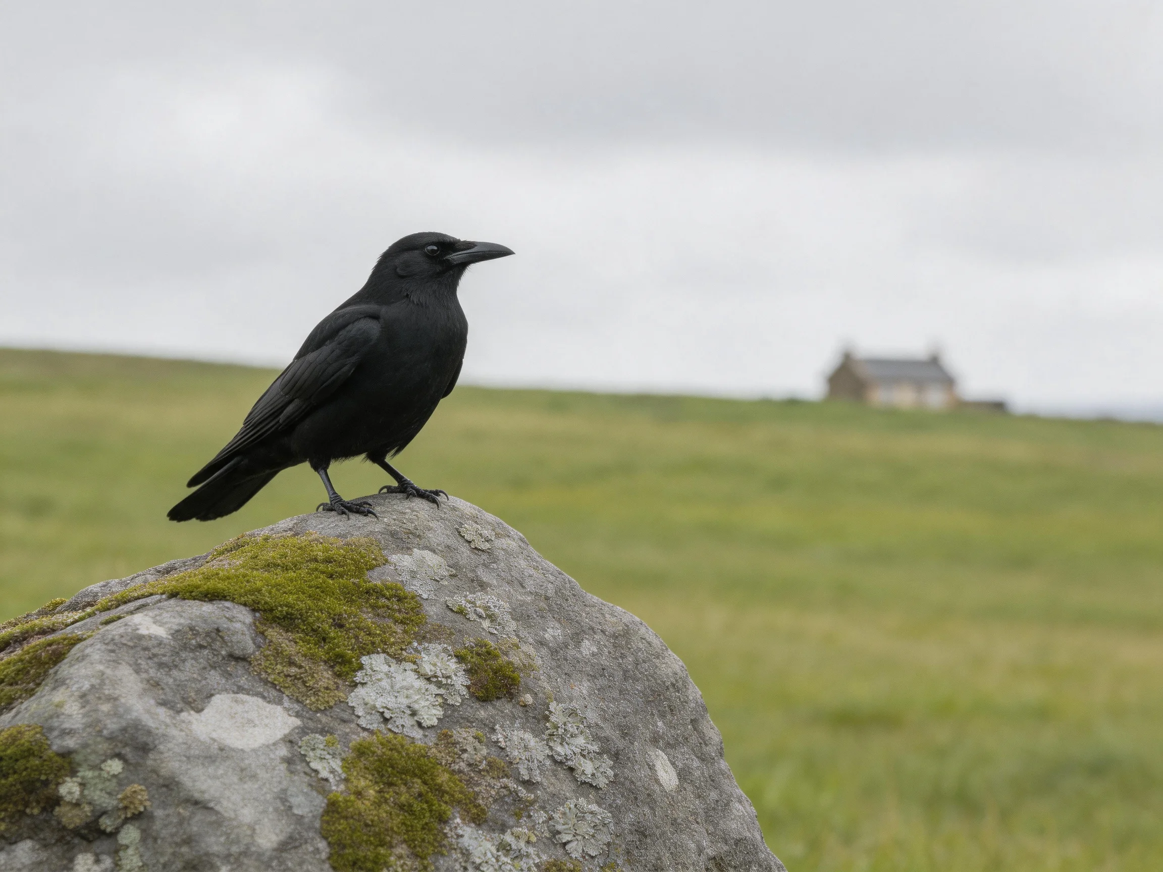 Black crow perched on moss-covered stone in open field