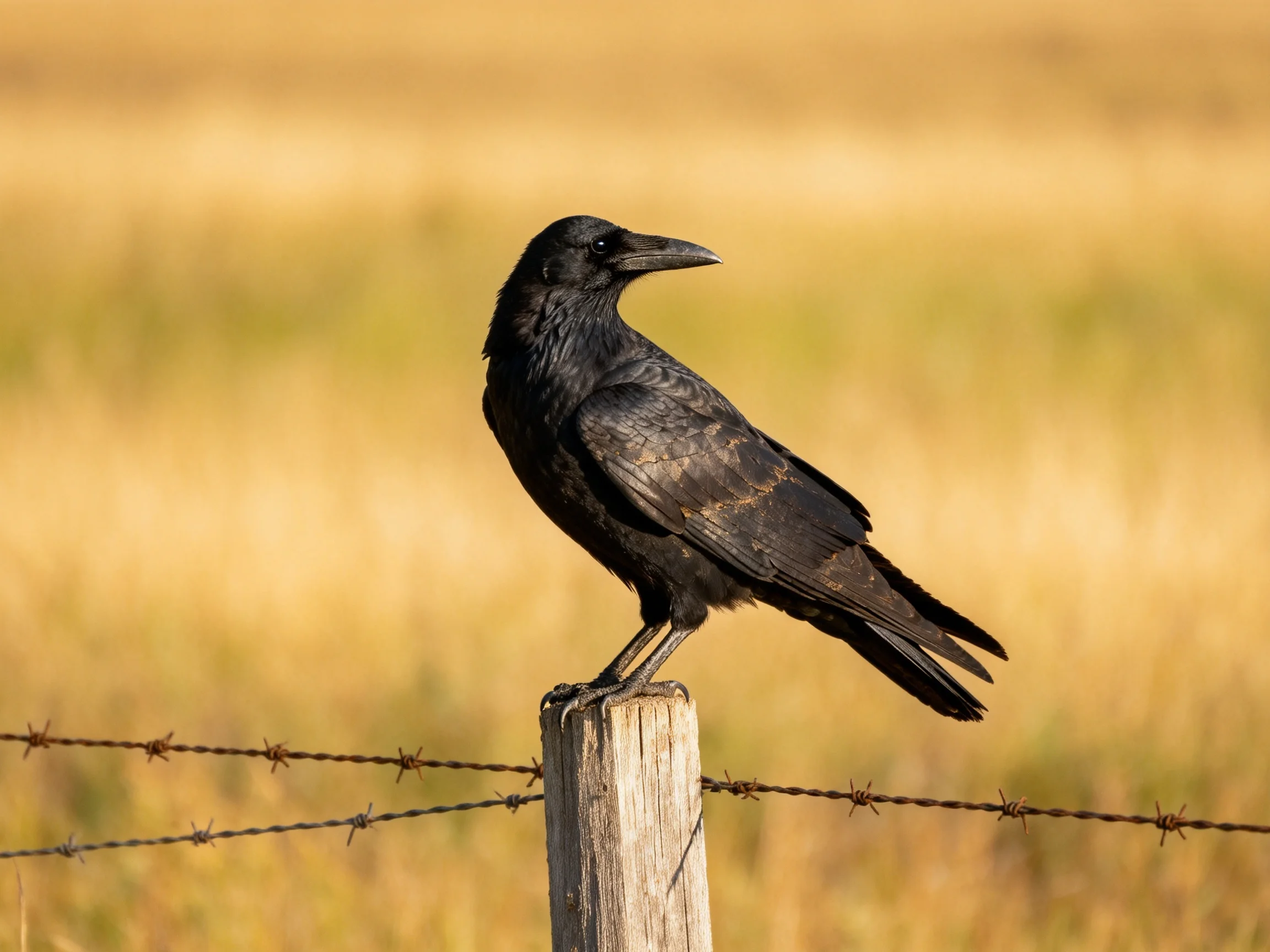 Black crow perched on weathered fence post amid golden field landscape