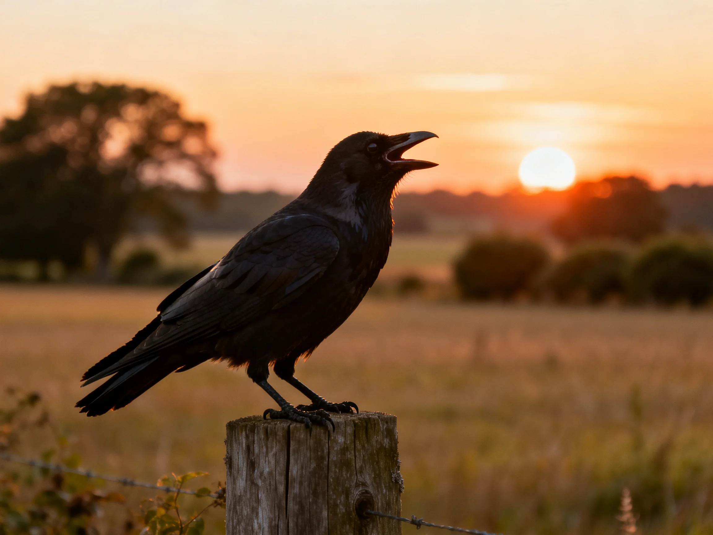Black crow perched on weathered fence post during golden sunset