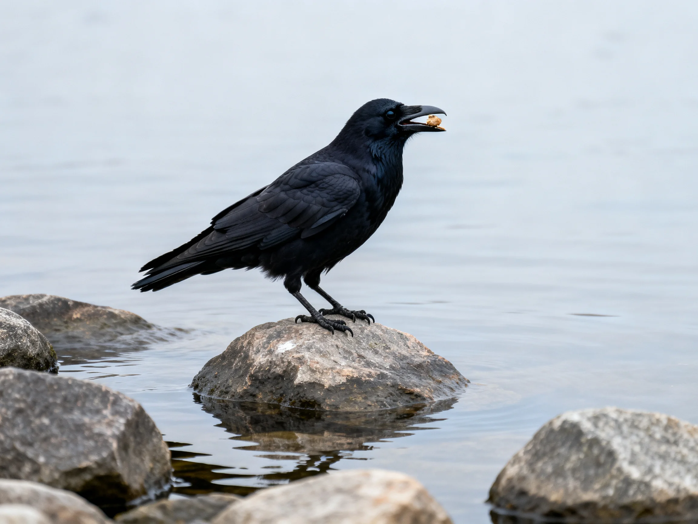Black crow perched on wet rock by calm water