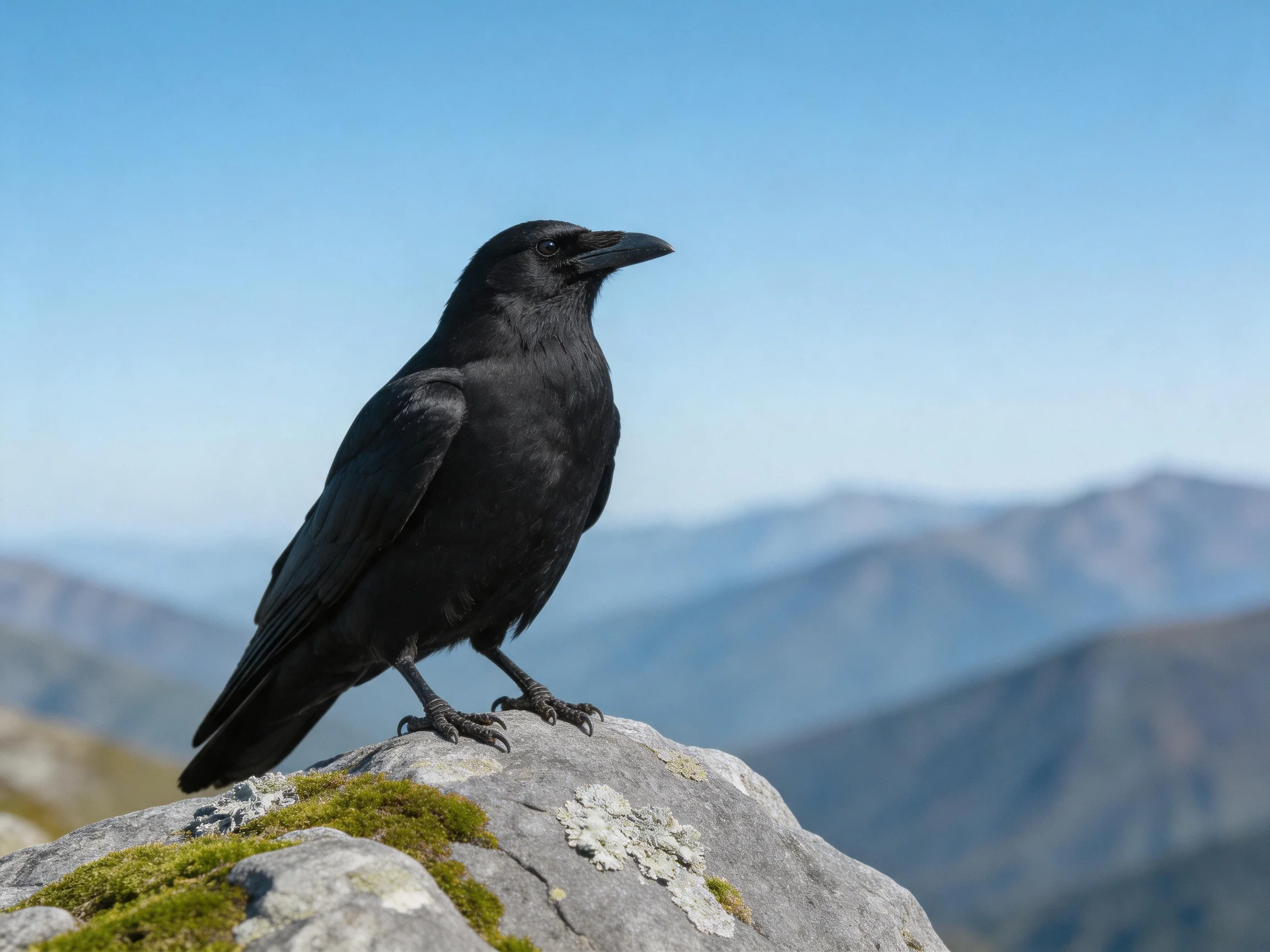 Black crow perchedon mossy rocky outcrop with distant mountains