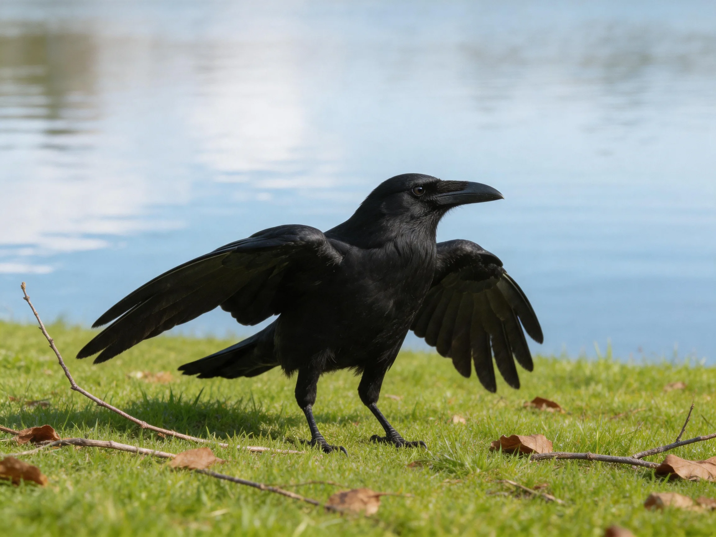 Black crow spreading wings on green grass by tranquil water