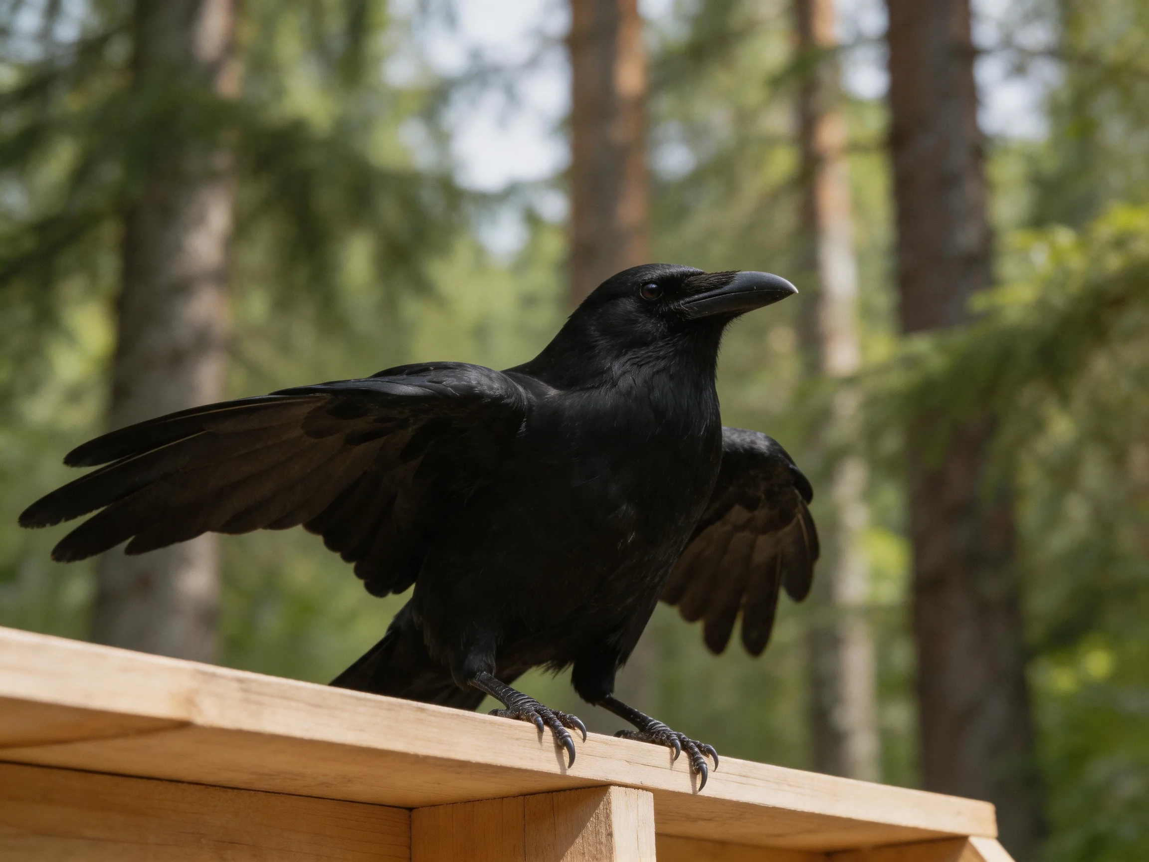 Black crow spreading wings on wooden structure near forest trees