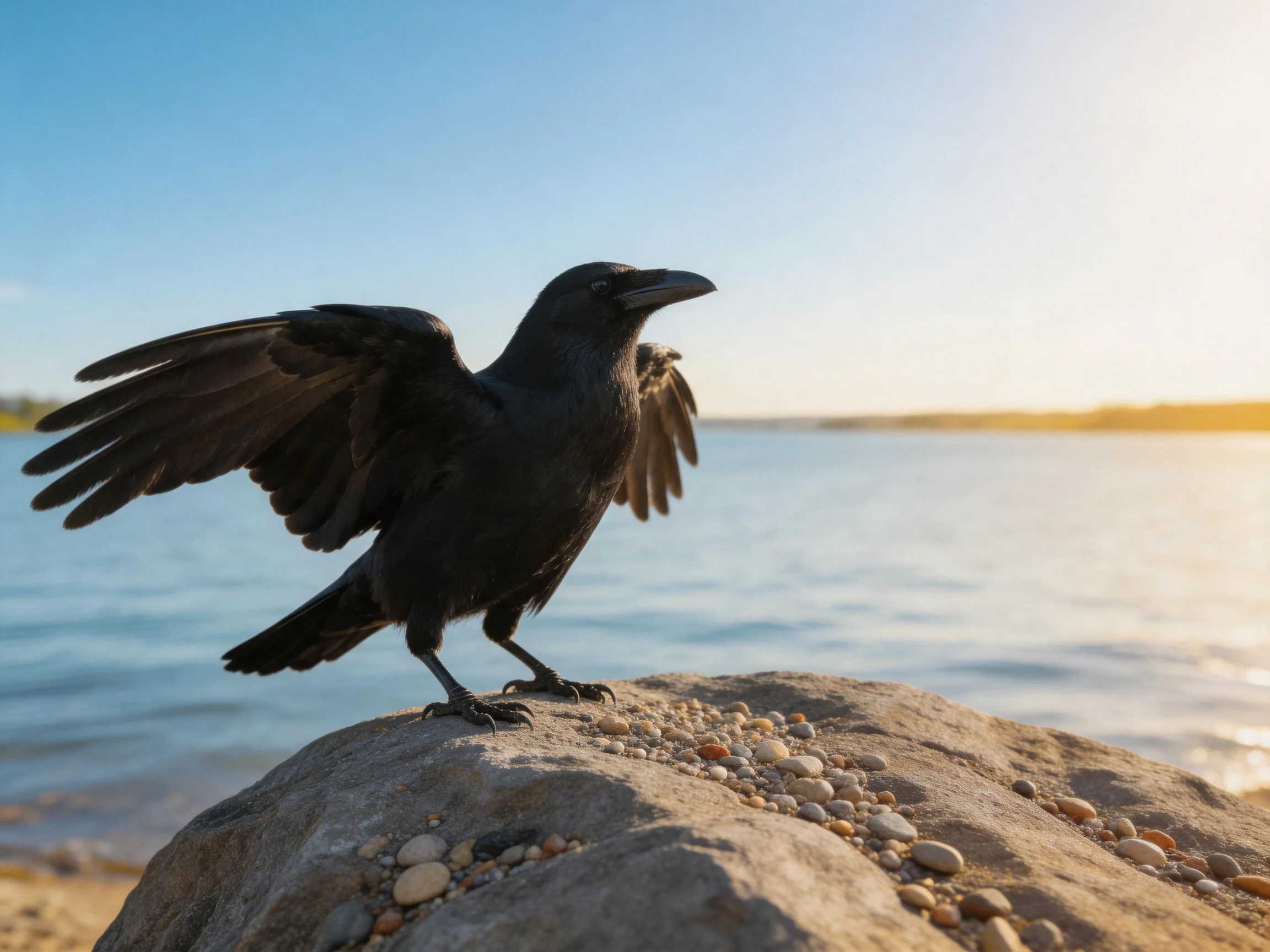 Black crow spreads wings on pebbly rock by calm water