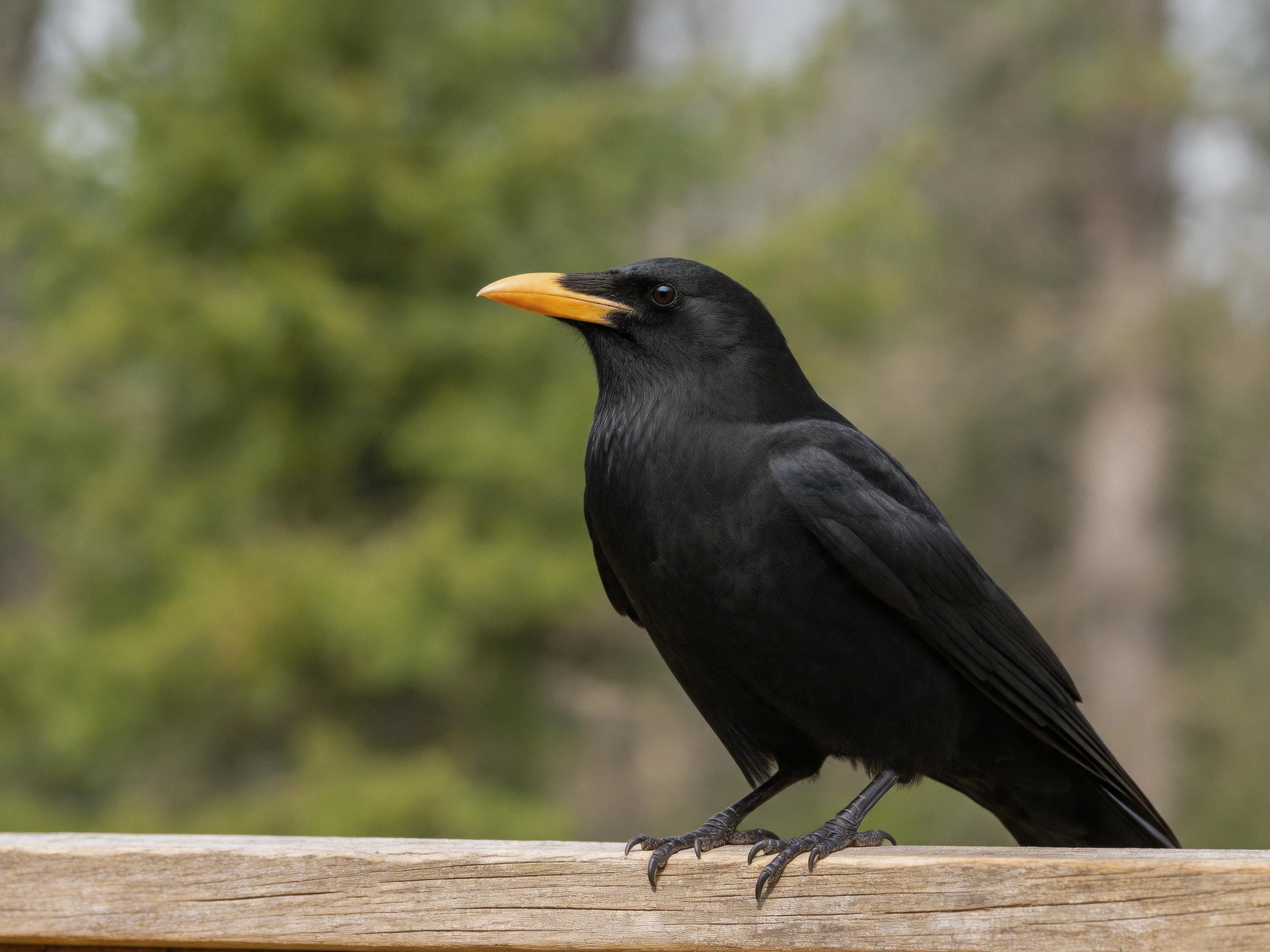 Black crow with yellow beak perched on weathered wood near trees