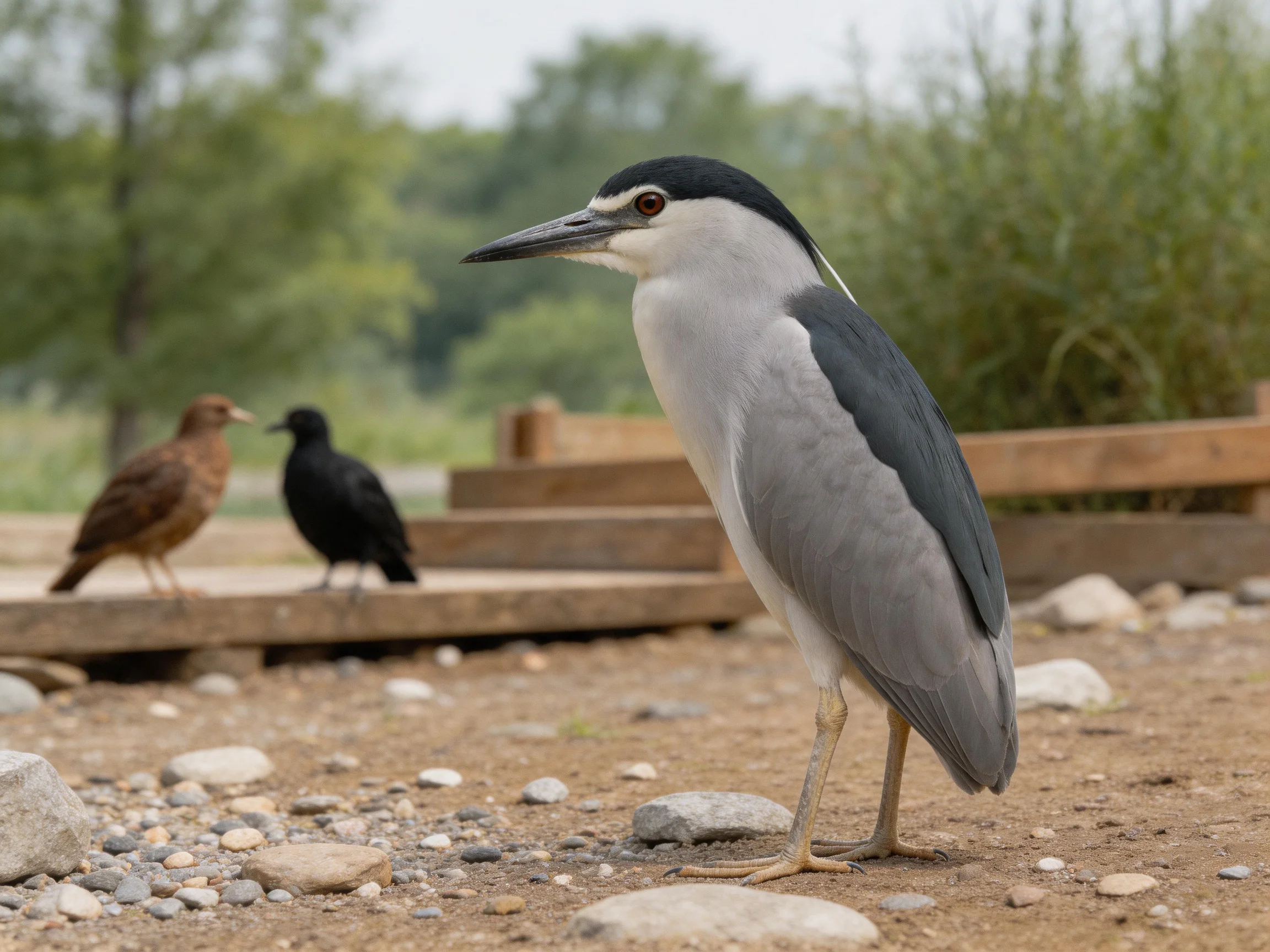 Black-crowned night heron near two small birds on wooden platform