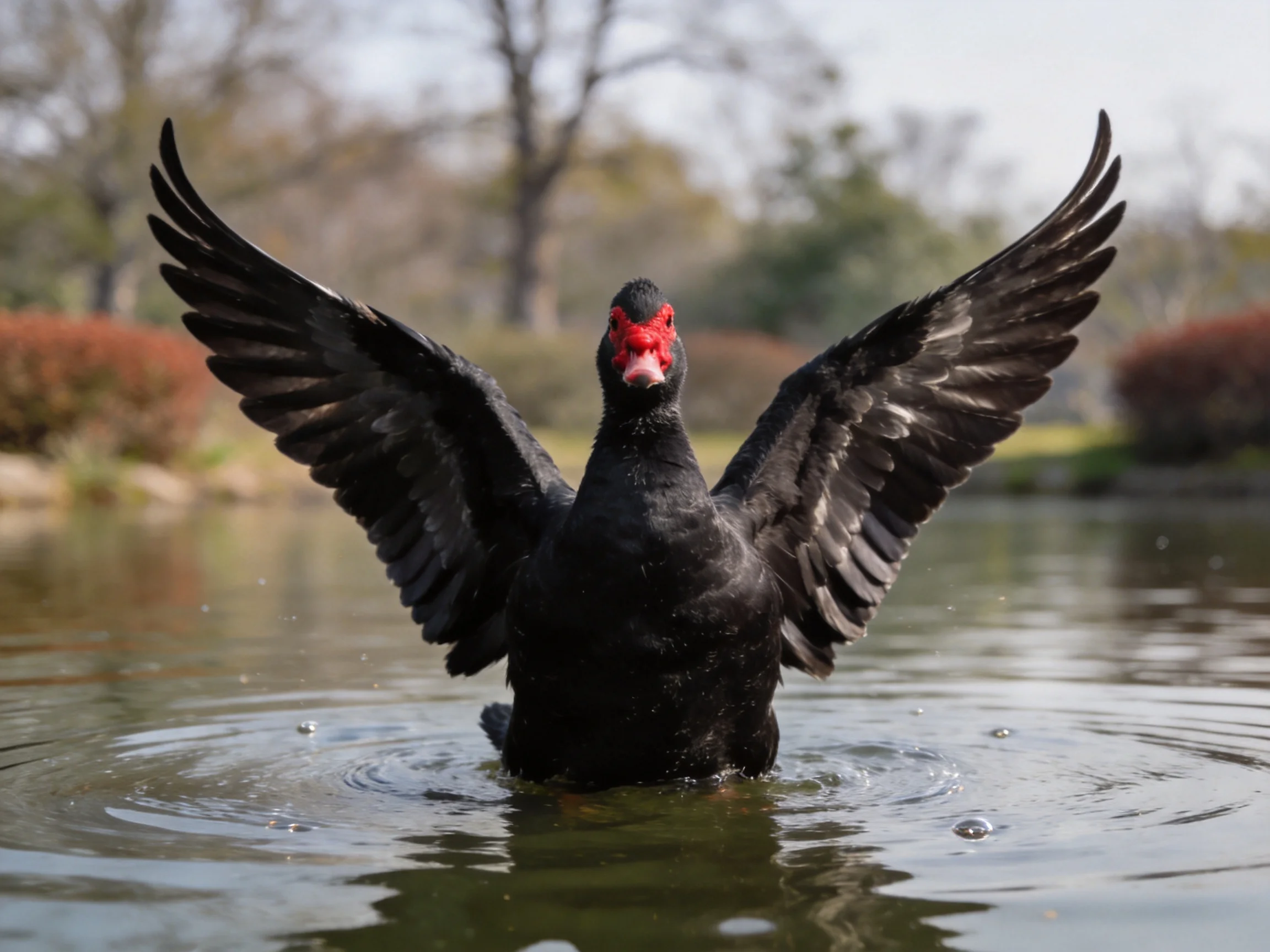 Black duck with bright red face spreading wings in calm water