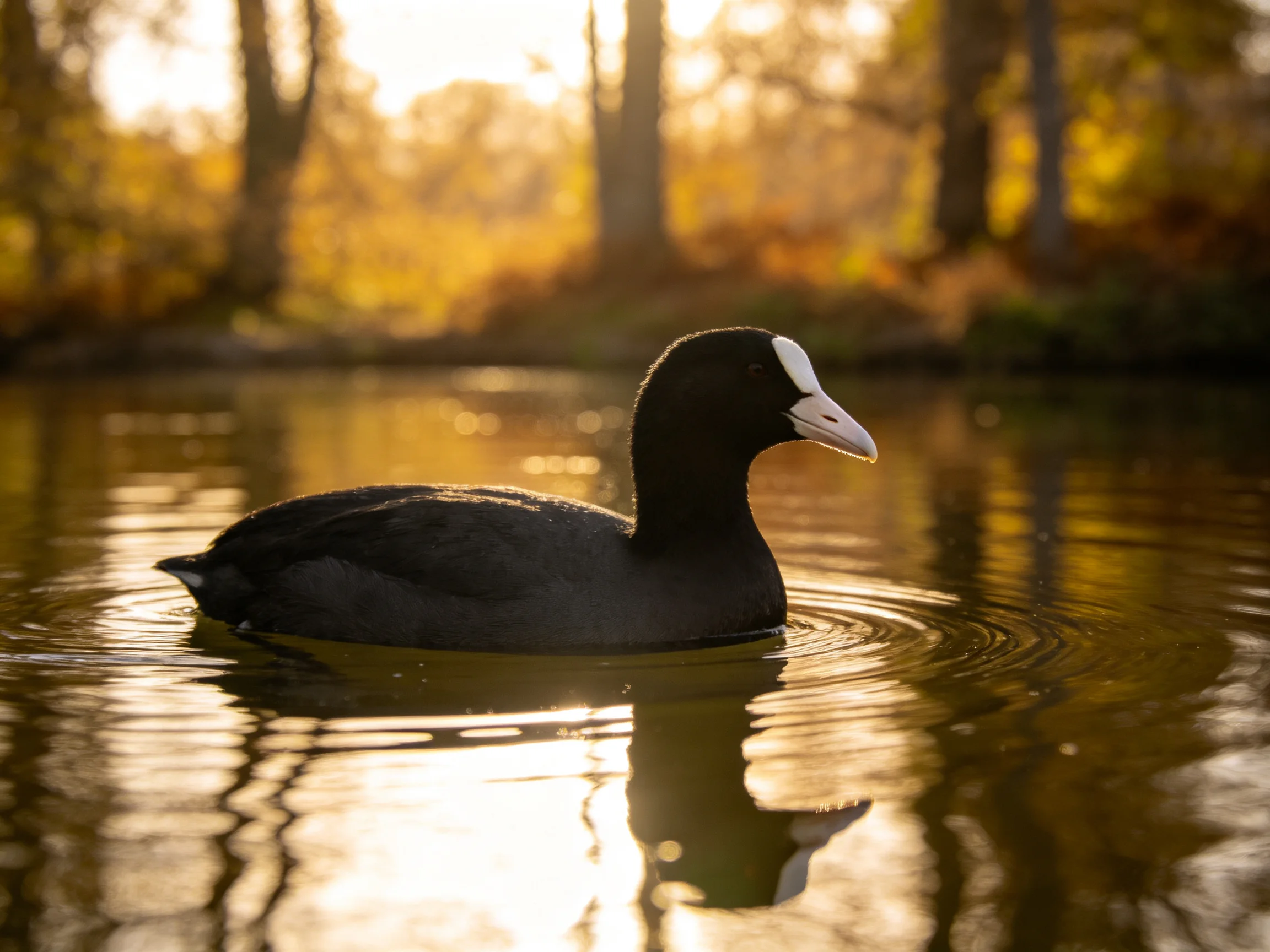 Black duck with white markings swimming in golden-lit pond