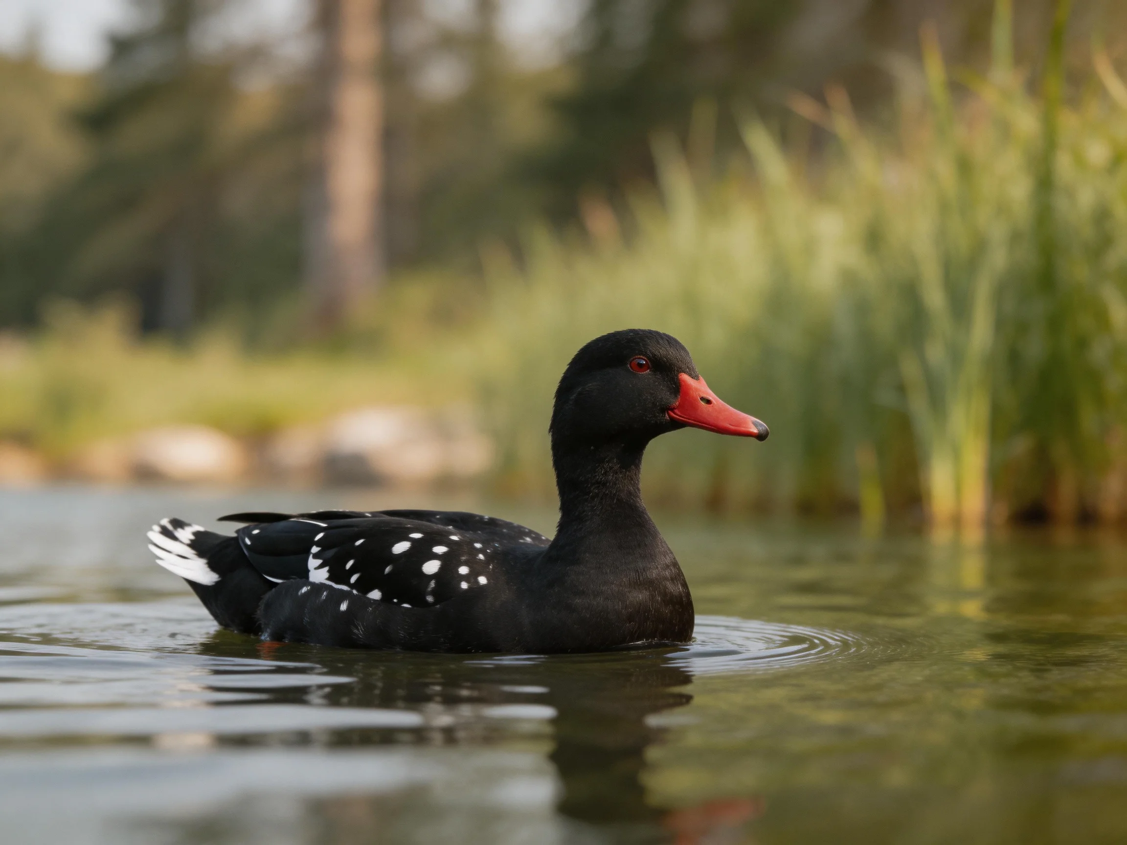 Black duck with white spots swims in calm water near tall reeds