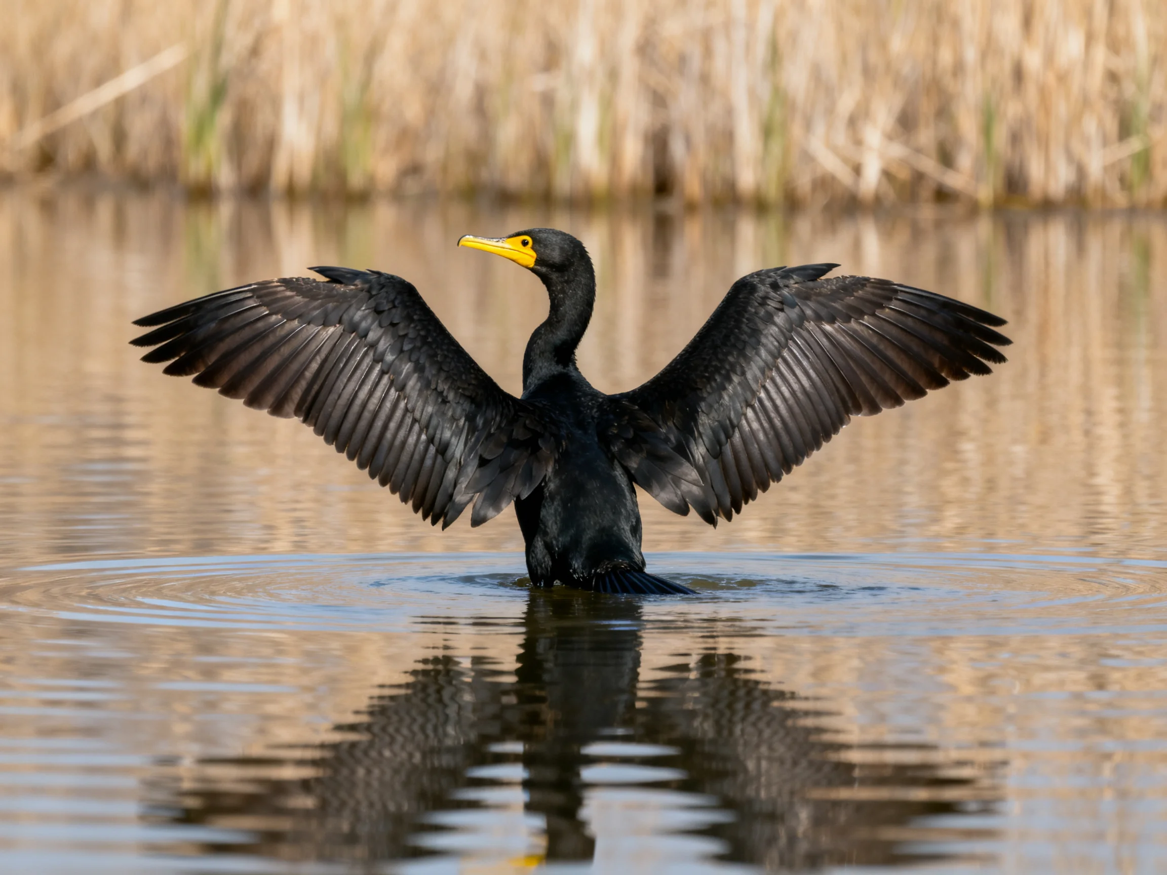 Black-feathered bird spreading wings in calm water
