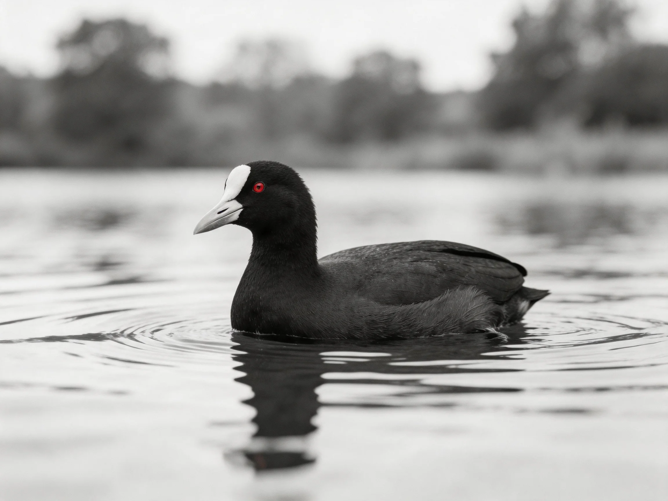 Black-feathered bird with red eye swims in calm water; blurred trees in background.