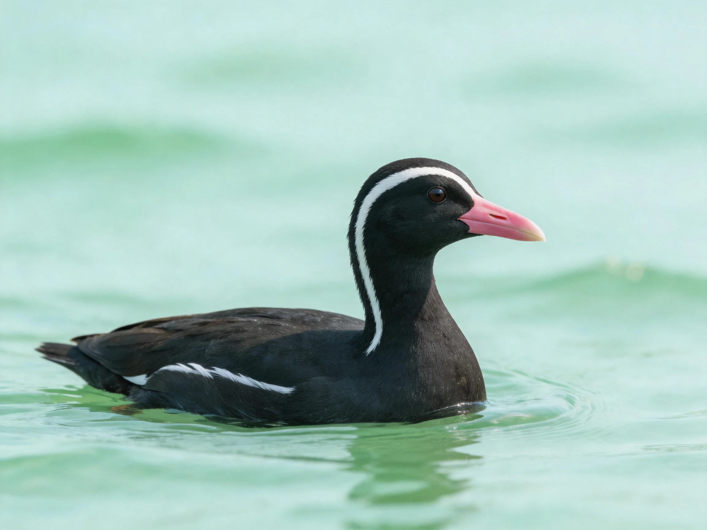 A black and white striped bird swims in turquoise water.