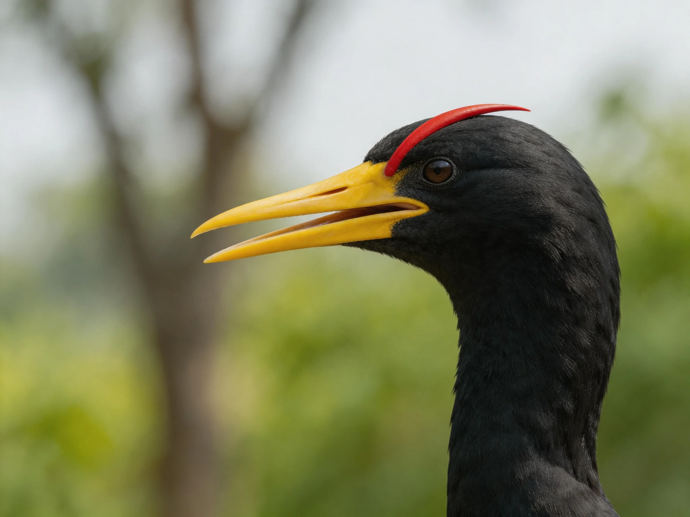 Black-feathered bird with yellow beak and red crest
