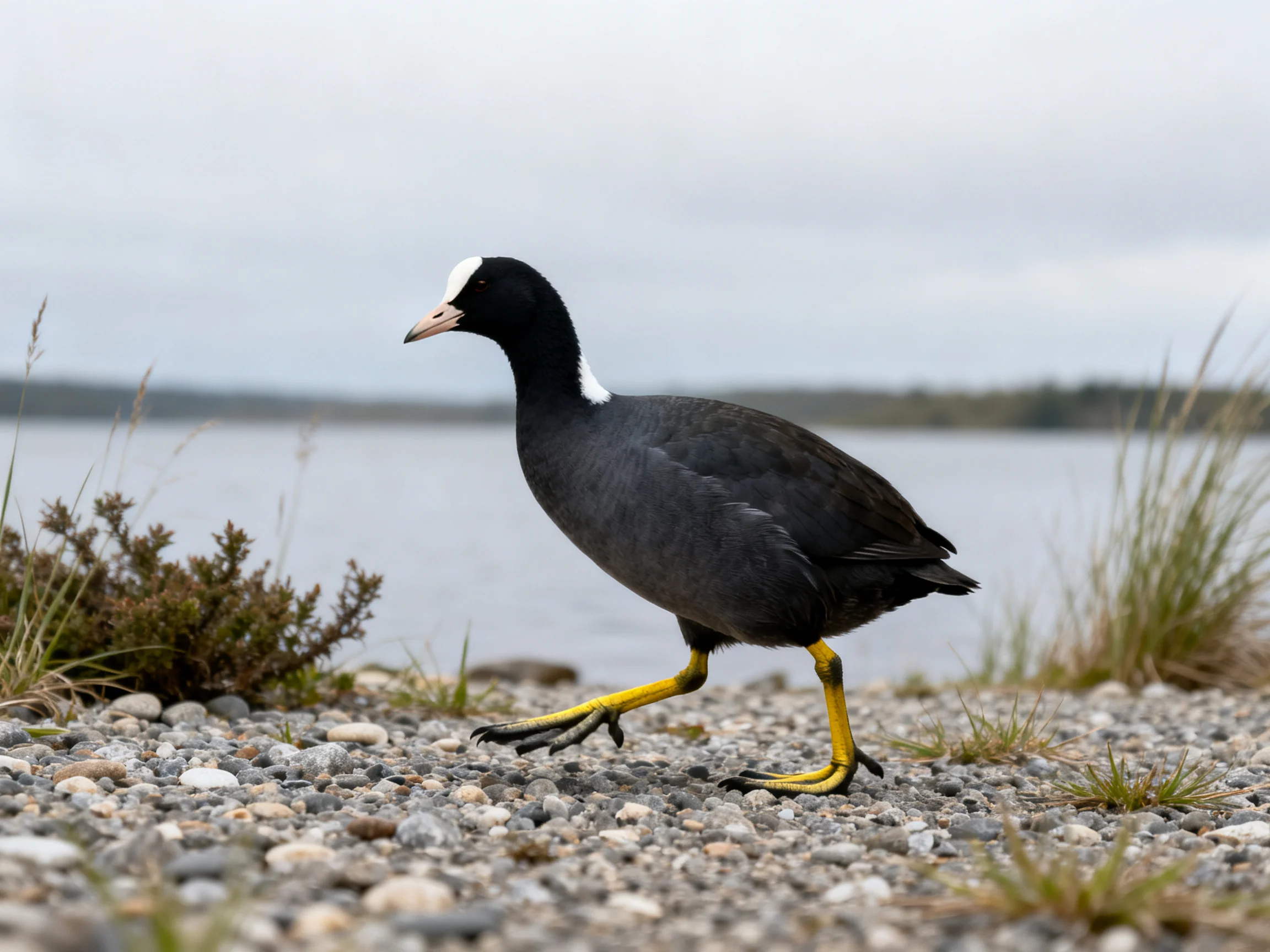 Black-feathered bird with yellow legs on pebbly shore