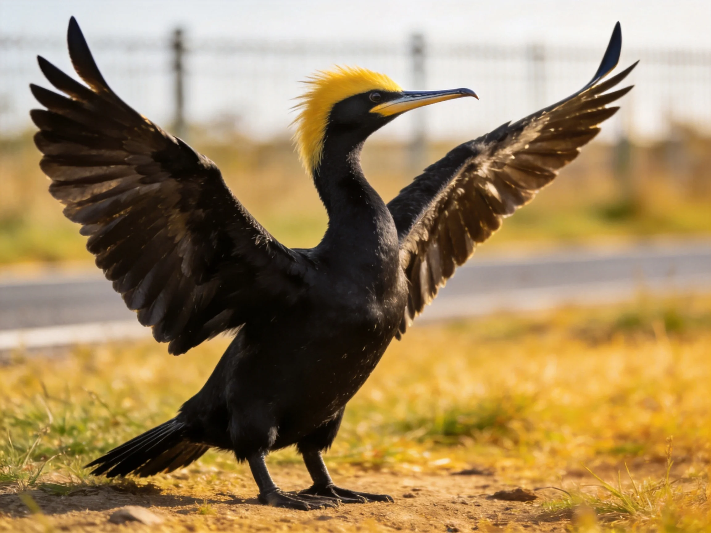 Black-feathered cormorant with golden crest spreads wings by roadside