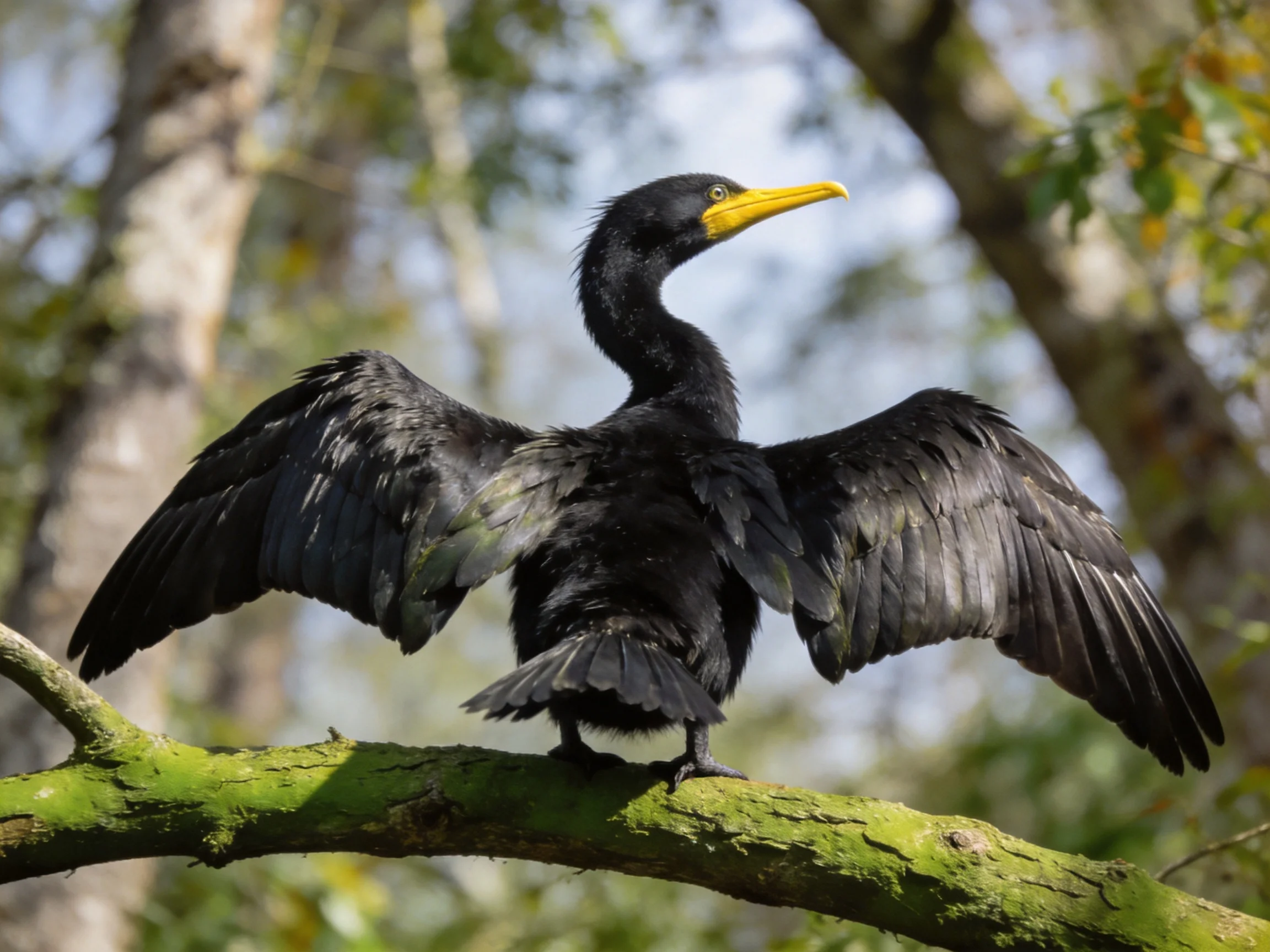 Black-feathered cormorant with yellow beak drying wings on moss-covered branch
